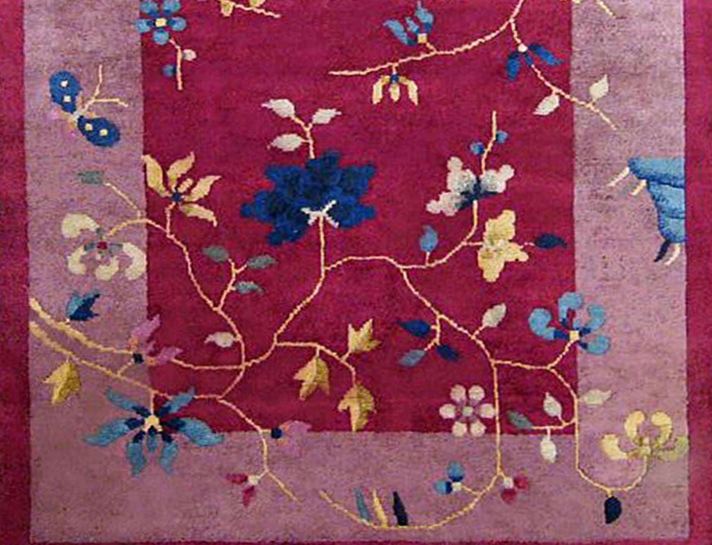 Hand-Knotted Antique Chinese Art Deco Oriental Rug, in Small Size, with Red Field and Flowers For Sale