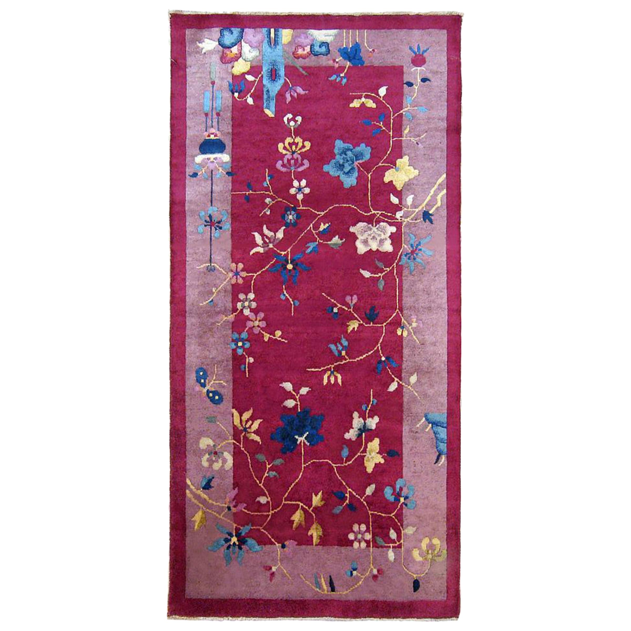 Antique Chinese Art Deco Oriental Rug, in Small Size, with Red Field and Flowers For Sale
