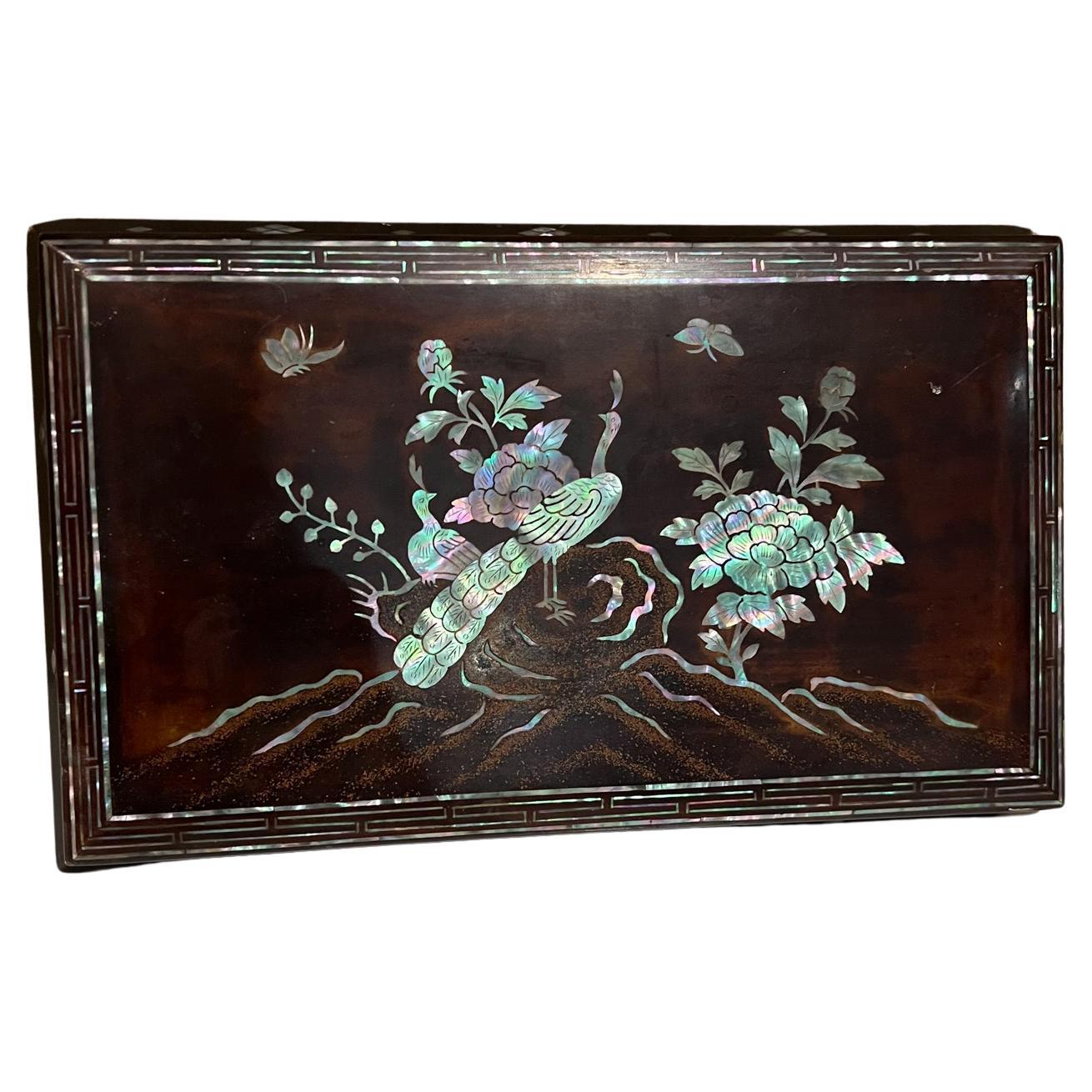 Early 20th Century 1920s Antique Chinese Decorative Smoking Box Wood and Mother of Pearl Inlay