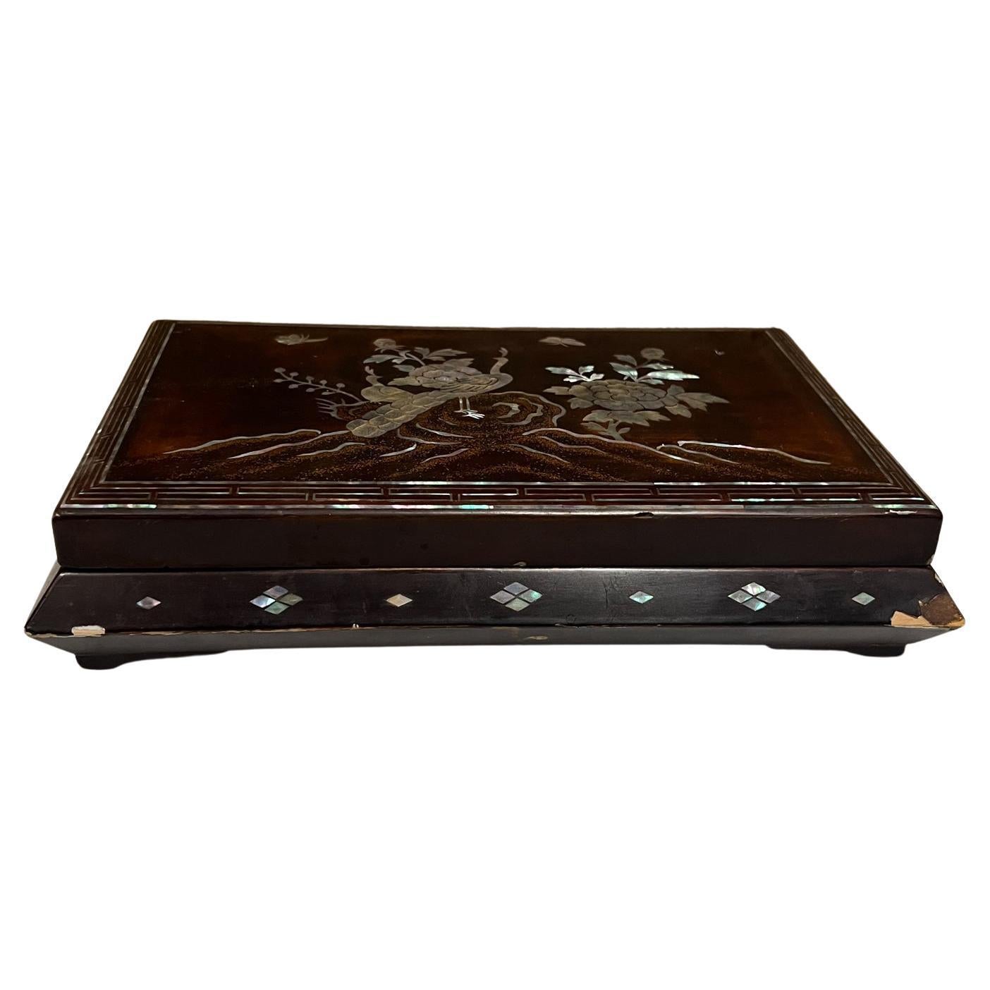 1920s Antique Chinese Decorative Smoking Box Wood and Mother of Pearl Inlay