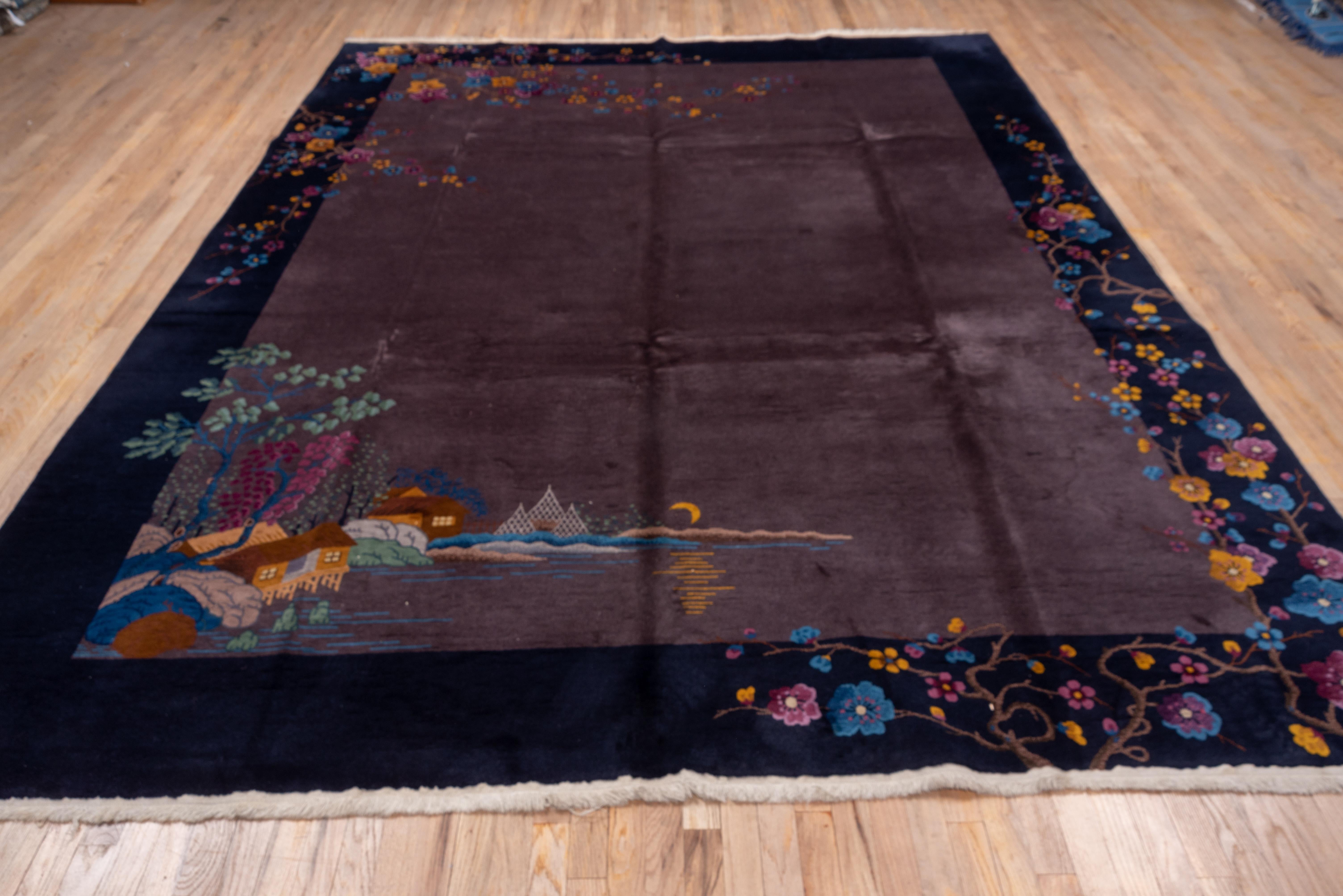 1920s Antique Chinese Peking Art Deco Rug, Navy Borders, Purple Open Field In Good Condition In New York, NY