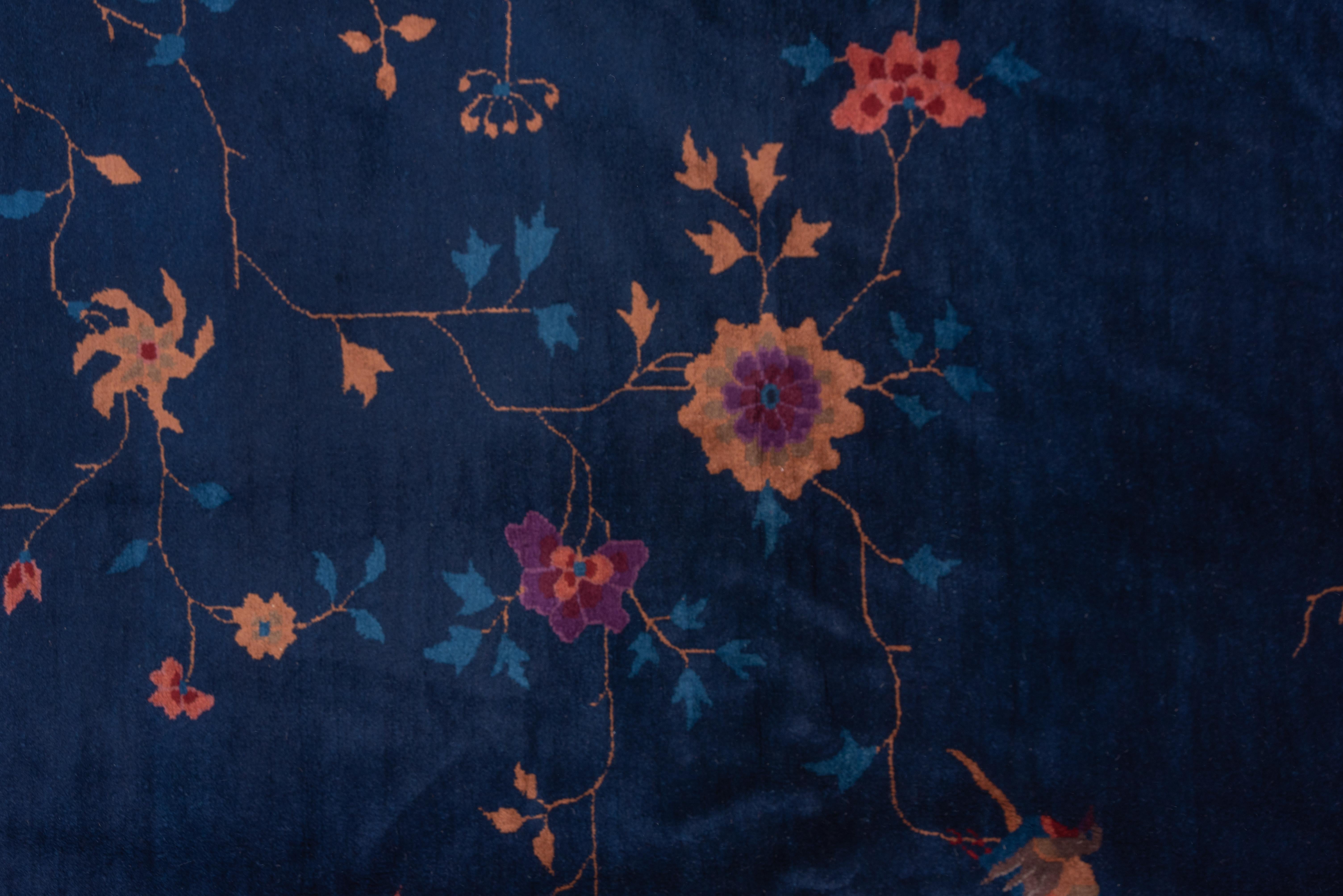 Chinoiserie 1920s Antique Chinese Peking Art Deco Rug, Royal Blue Field, Raspberry Borders For Sale