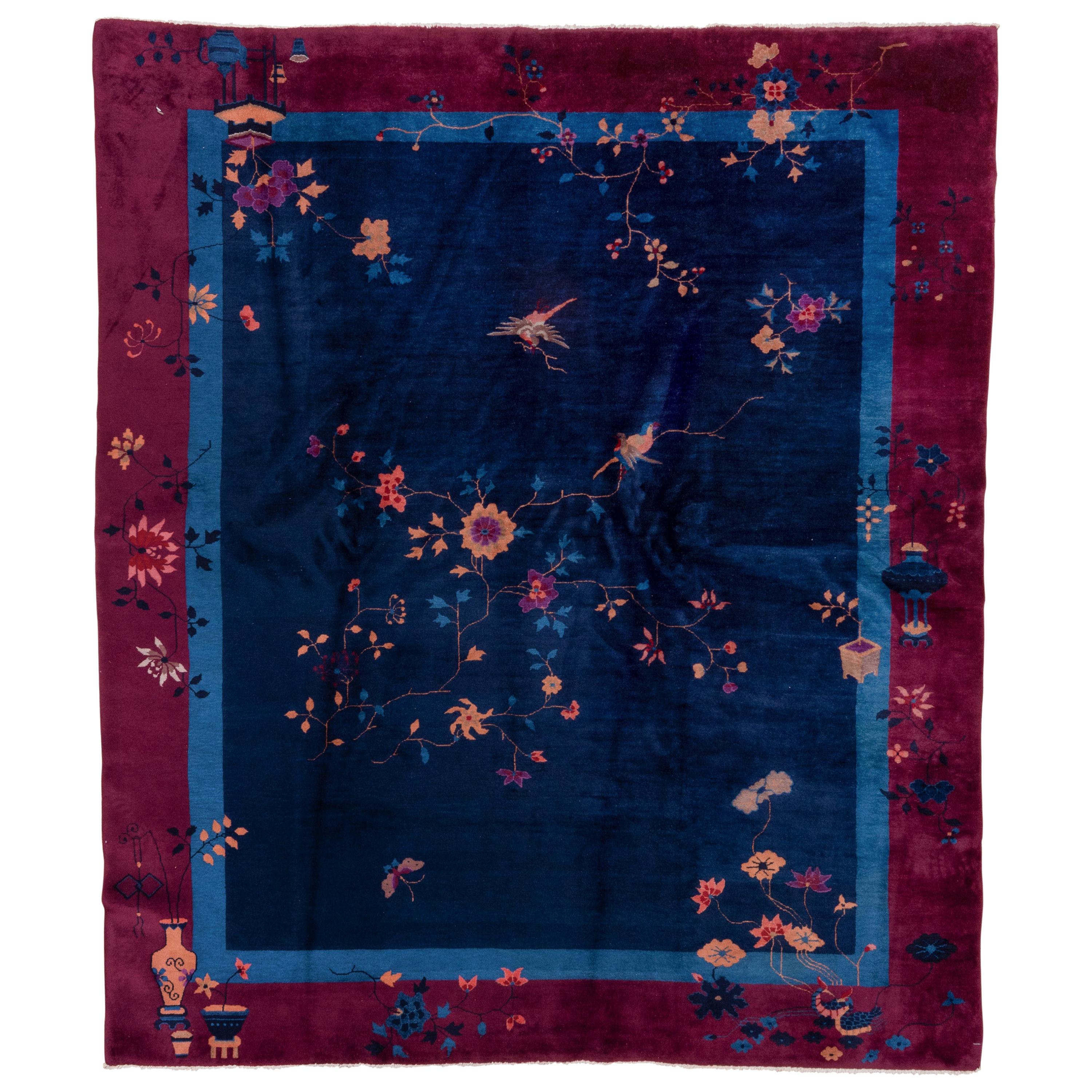 1920s Antique Chinese Peking Art Deco Rug, Royal Blue Field, Raspberry Borders For Sale
