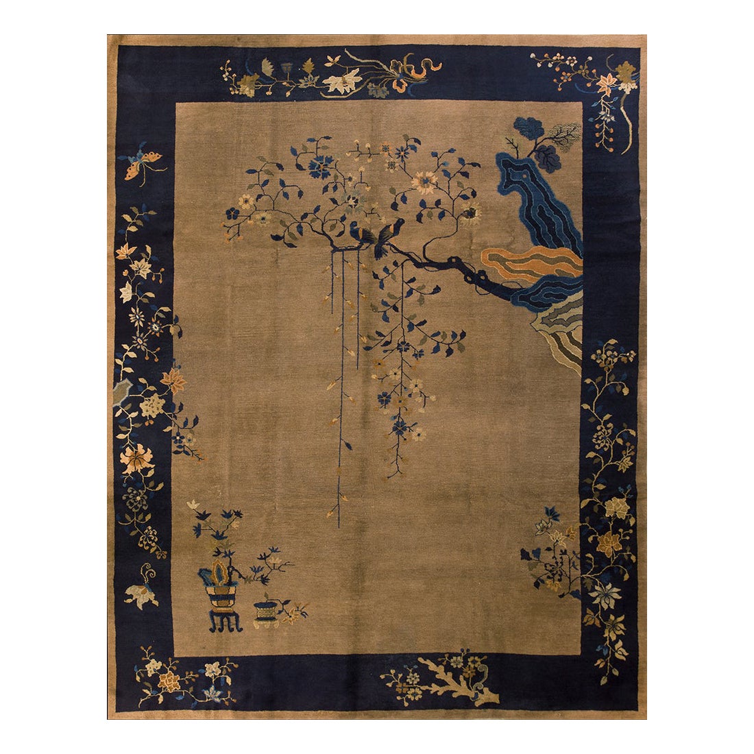 1920er Jahre antike chinesische Peking Teppich Tan w blühenden Baum Design 9
 x 11
9" Teppich