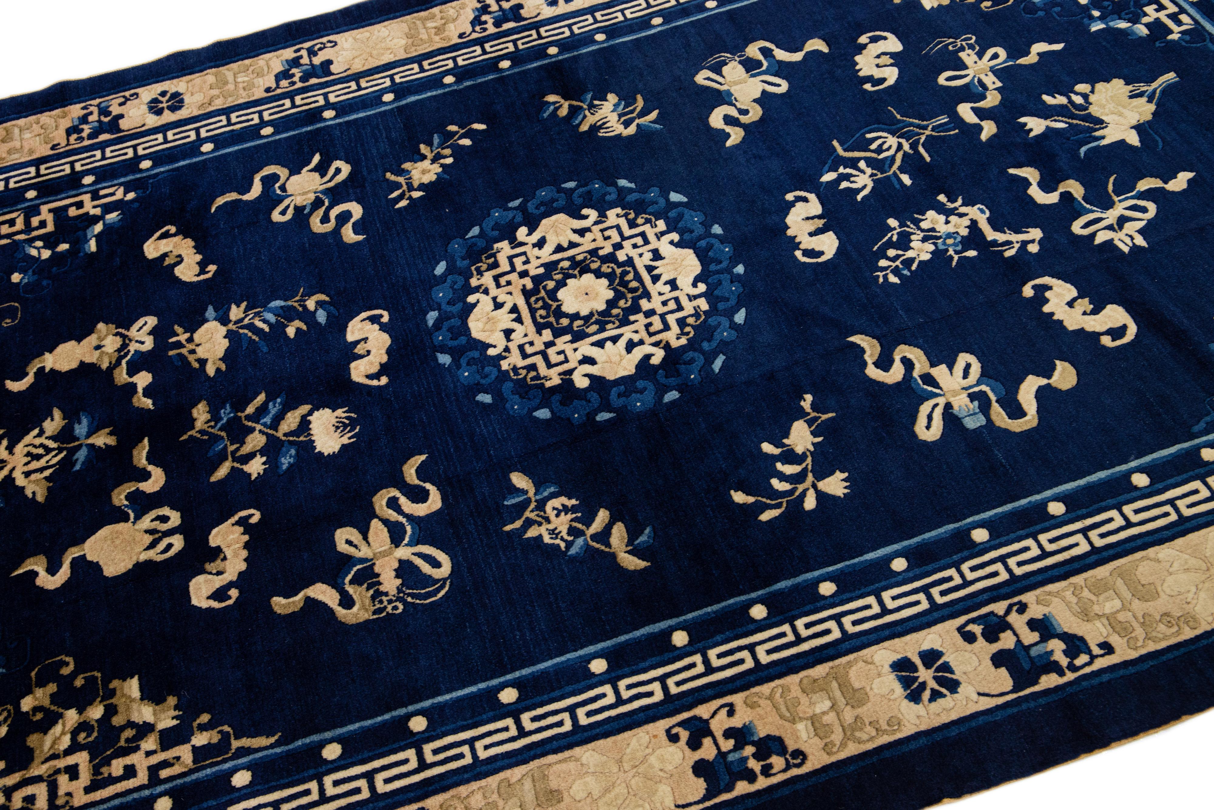 Chinese Export 1920s Antique Chinese Peking Wool Rug Handmade Blue with Classic Floral Design For Sale