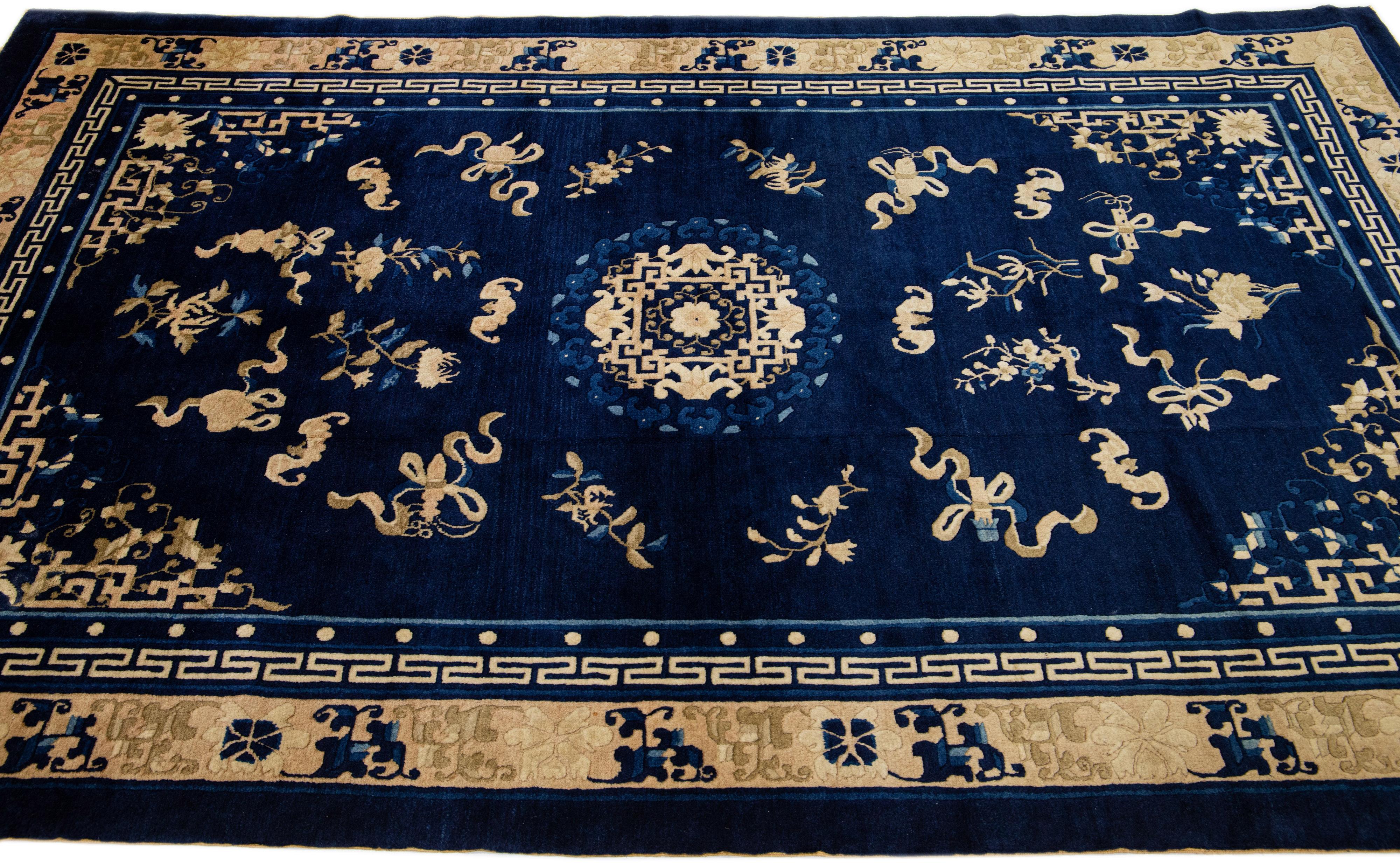 Hand-Knotted 1920s Antique Chinese Peking Wool Rug Handmade Blue with Classic Floral Design For Sale
