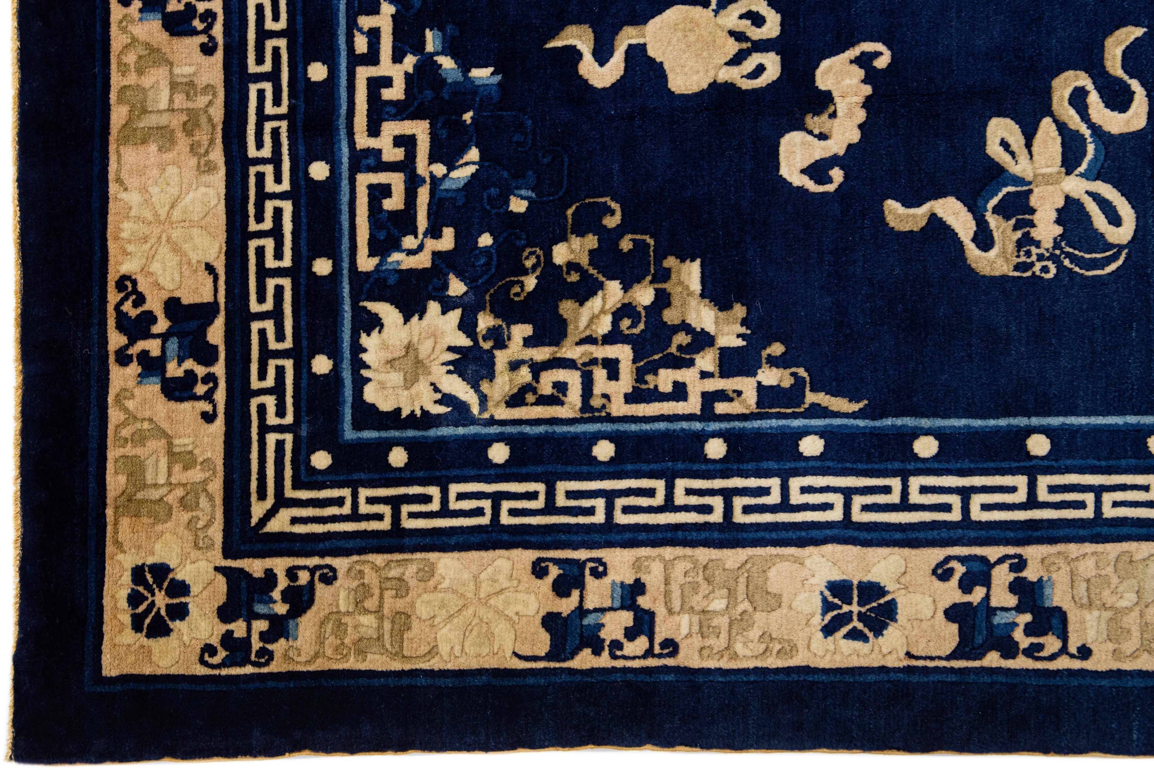 1920s Antique Chinese Peking Wool Rug Handmade Blue with Classic Floral Design In Excellent Condition For Sale In Norwalk, CT