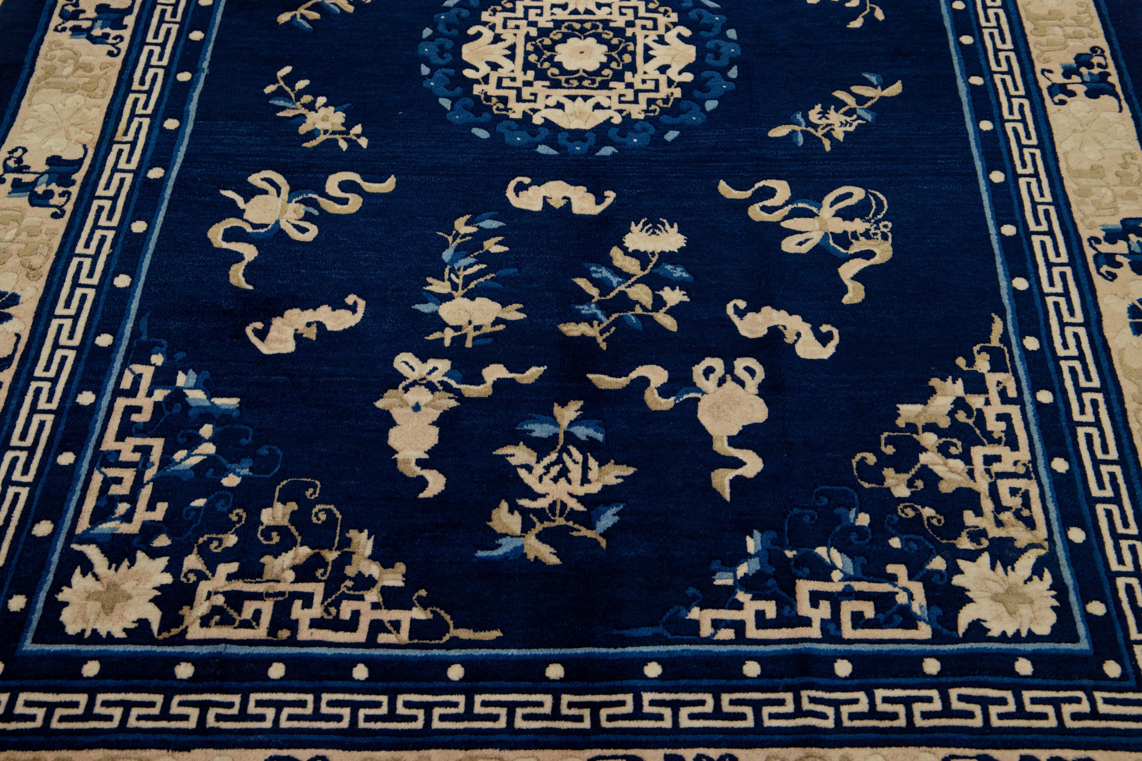 20th Century 1920s Antique Chinese Peking Wool Rug Handmade Blue with Classic Floral Design For Sale