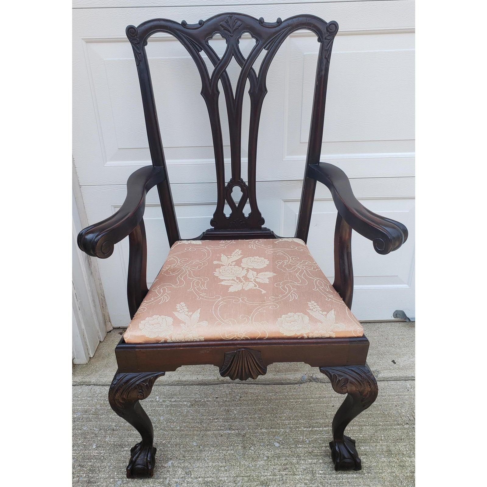 1920s Antique Chippendale Style Carved Mahogany Armchair Chair with Ball and  5