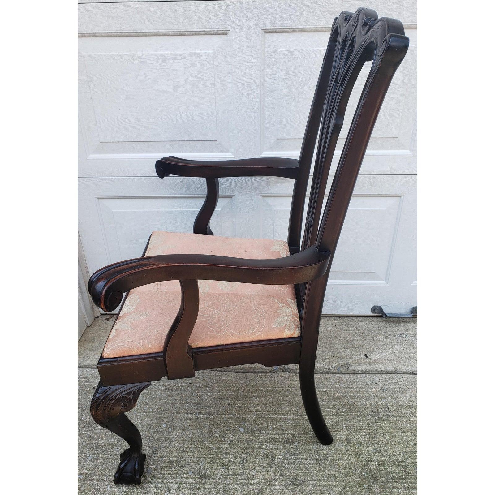 American 1920s Antique Chippendale Style Carved Mahogany Armchair Chair with Ball and 