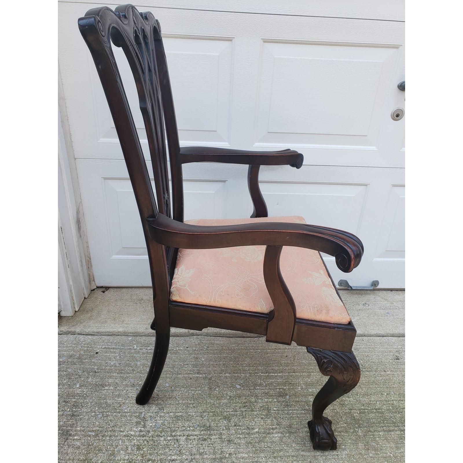 Hand-Crafted 1920s Antique Chippendale Style Carved Mahogany Armchair Chair with Ball and 