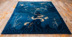 1920s Antique Deep Blue Field Pictorial "Shan Shui" Knotted Chinese Peking Rug