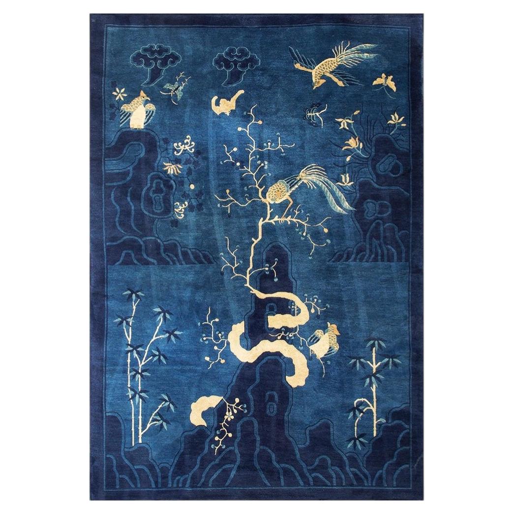 1920s Antique Deep Blue Field Pictorial "Shan Shui" Knotted Chinese Peking Rug