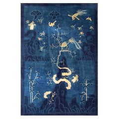 1920s Antique Deep Blue Field Pictorial "Shan Shui" Knotted Chinese Peking Rug