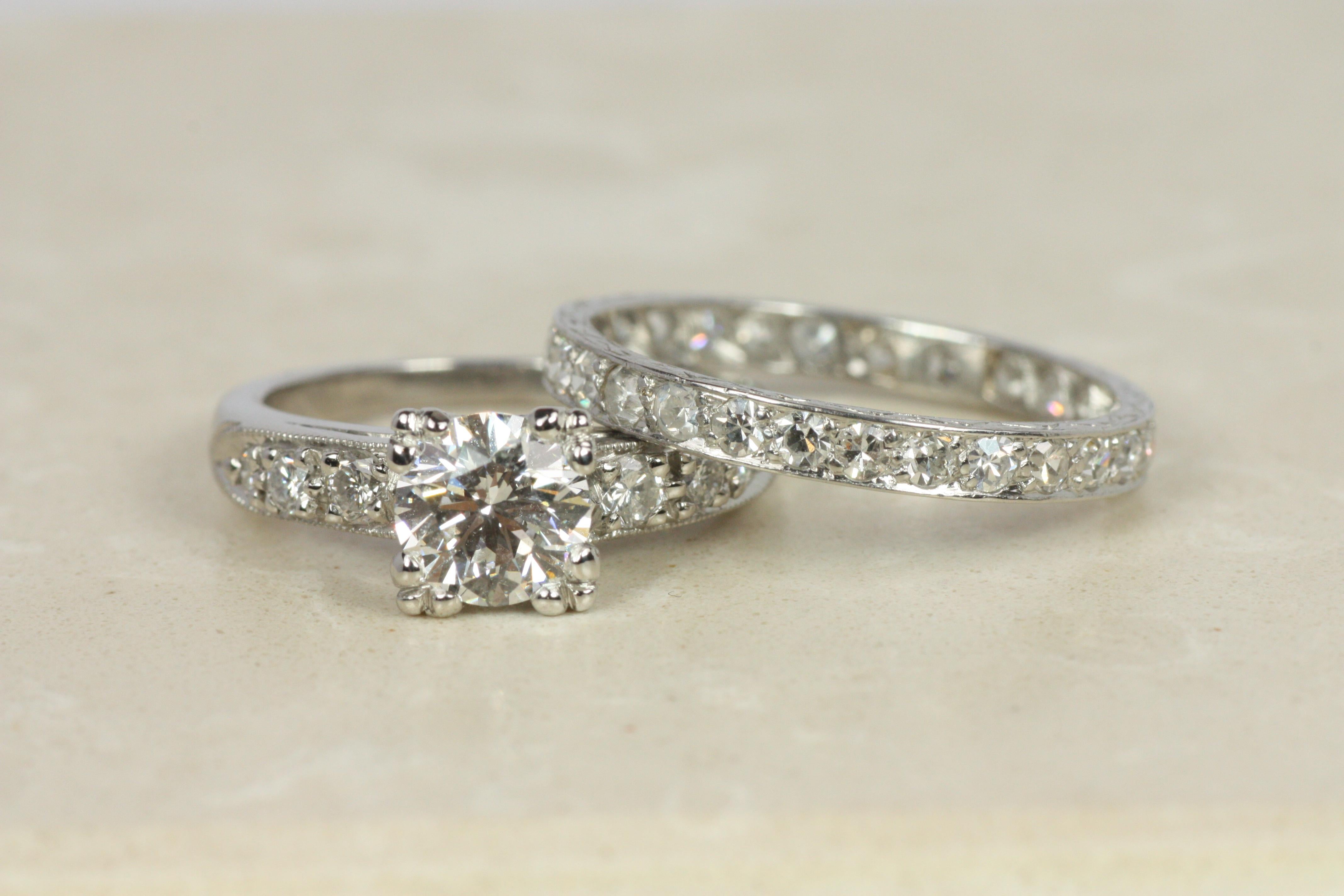 This genuine 1920s antique diamond eternity ring is a beautiful piece to stack next to an engagement ring, wear on its own as an anniversary ring. It is bead-set with 28 single cut round diamonds totaling 0.84ct that wrap all of the way around, and