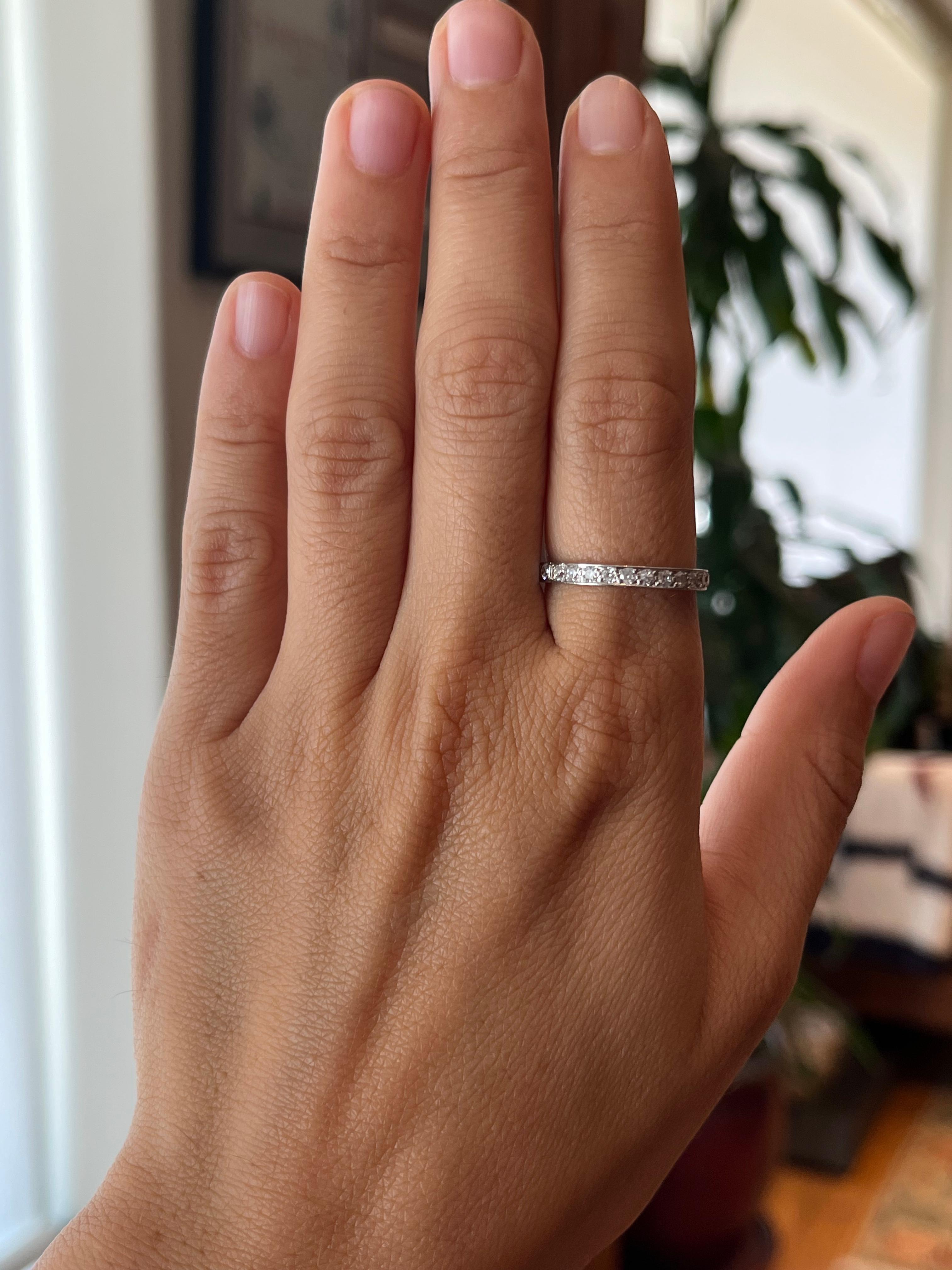 Round Cut 1920s Antique Diamond Platinum 2.6mm Eternity Band with Engraved Details For Sale