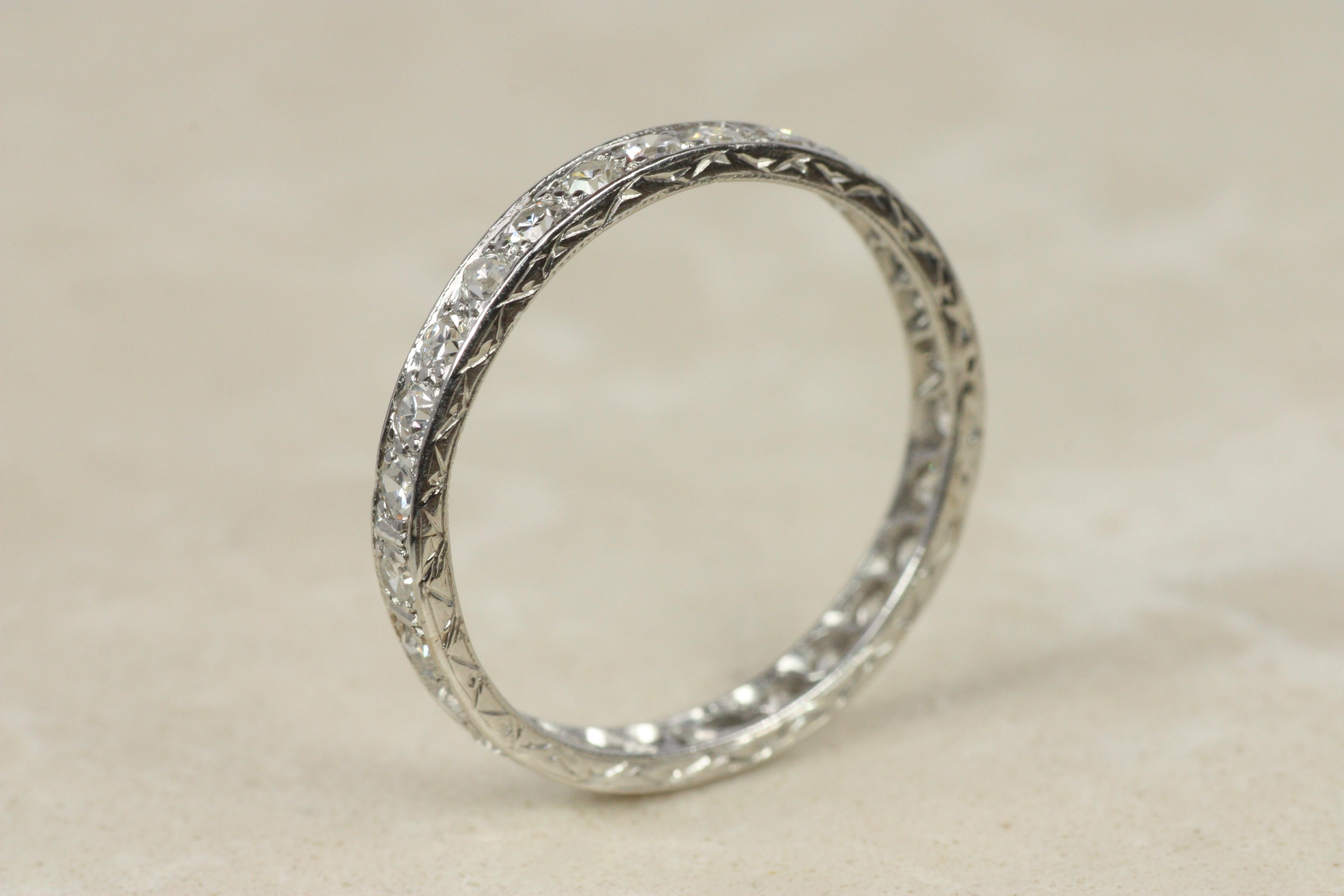 1920s Antique Diamond Platinum 2.6mm Eternity Band with Engraved Details For Sale 1