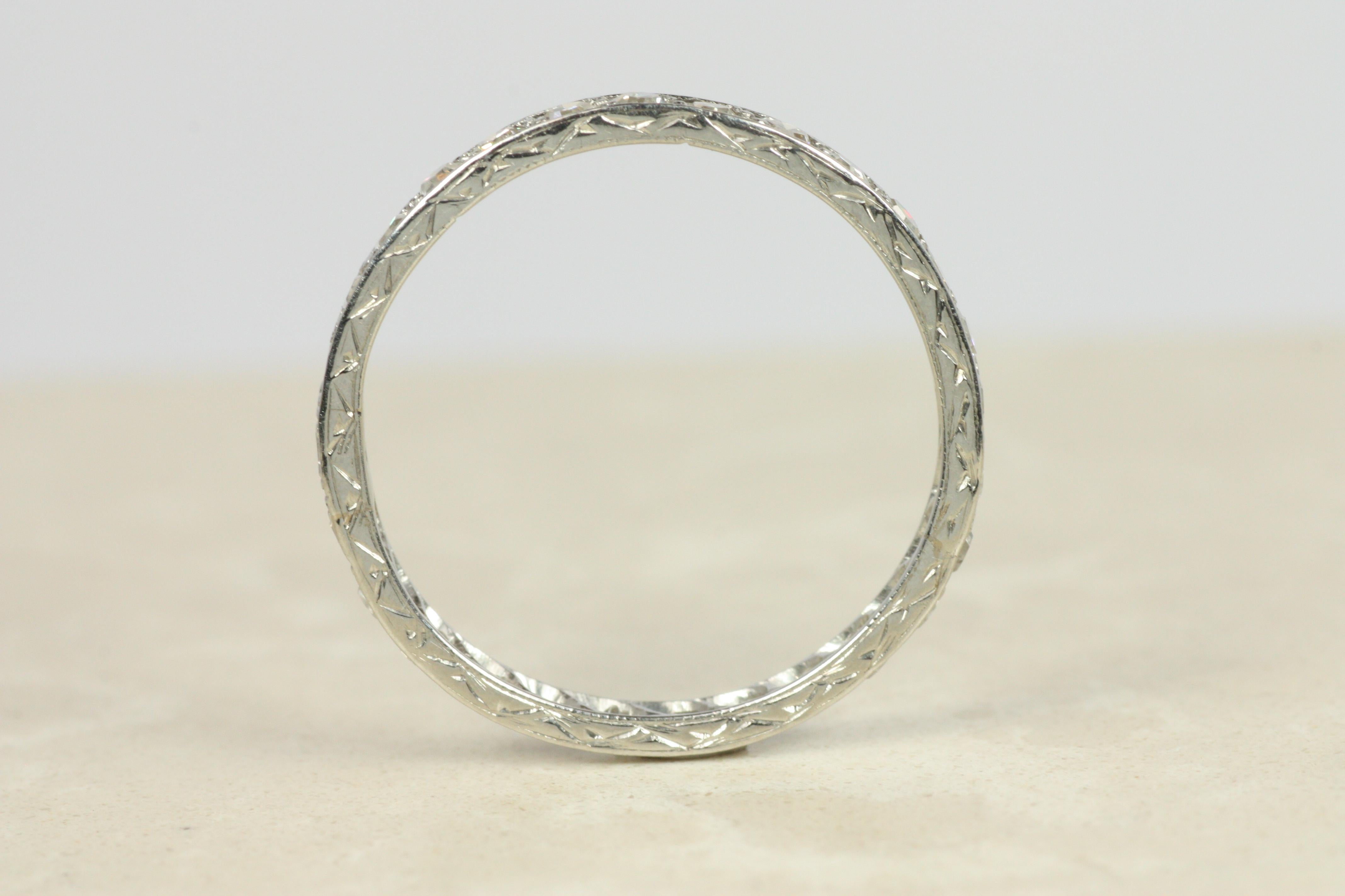 1920s Antique Diamond Platinum 2.6mm Eternity Band with Engraved Details For Sale 2