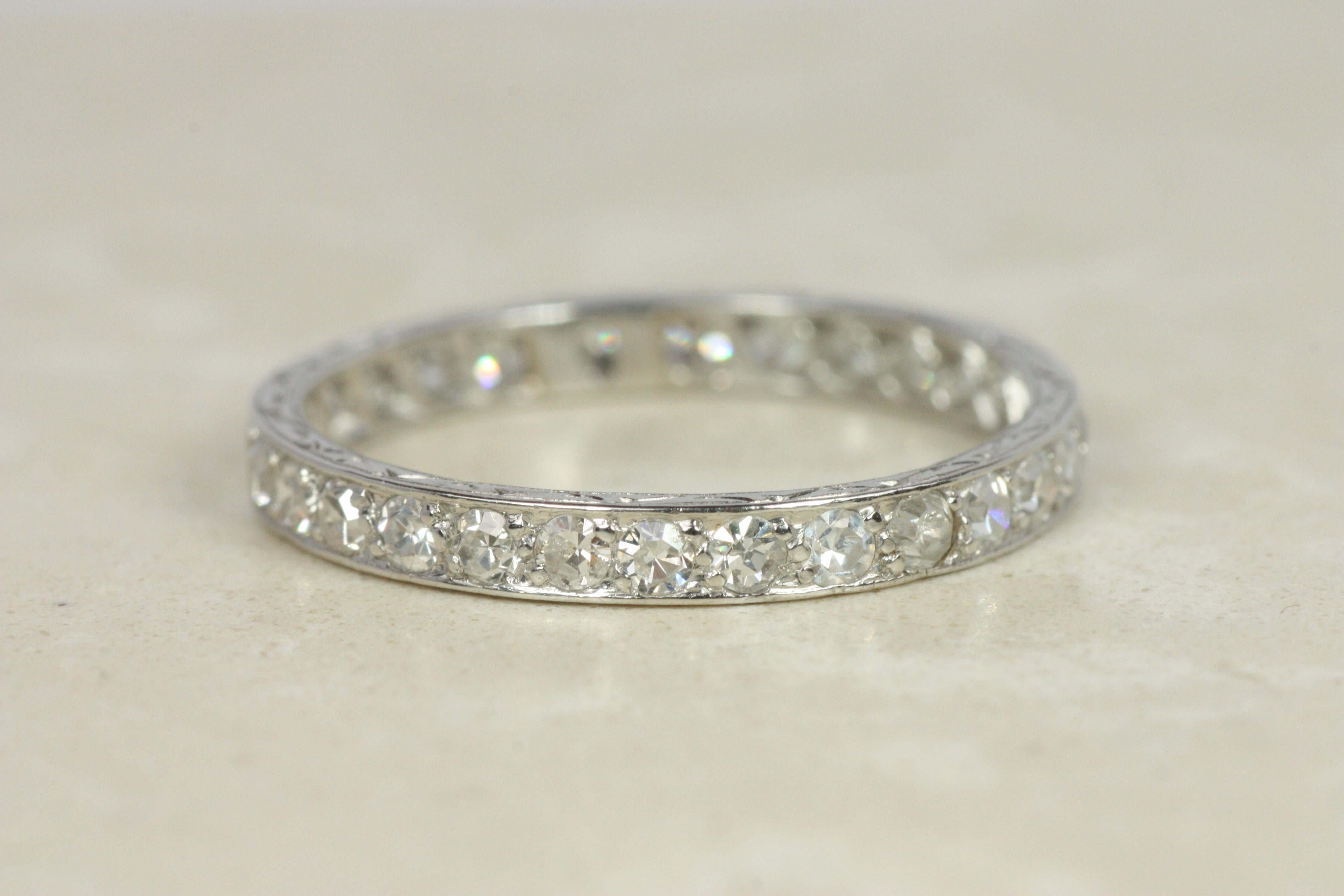 1920s Antique Diamond Platinum 2.6mm Eternity Band with Engraved Details For Sale 3