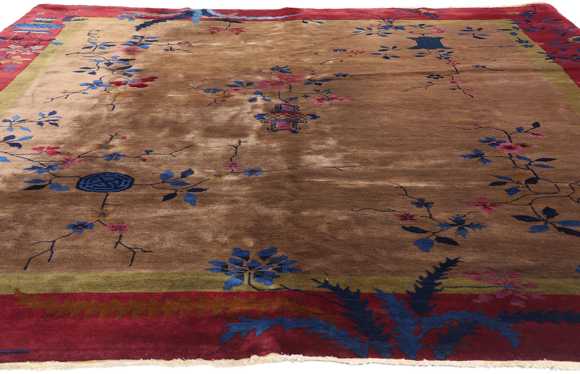 1920's Antique Earth-Tone Chinese Art Deco Rug, 08'02 x 09'05 In Good Condition For Sale In Dallas, TX