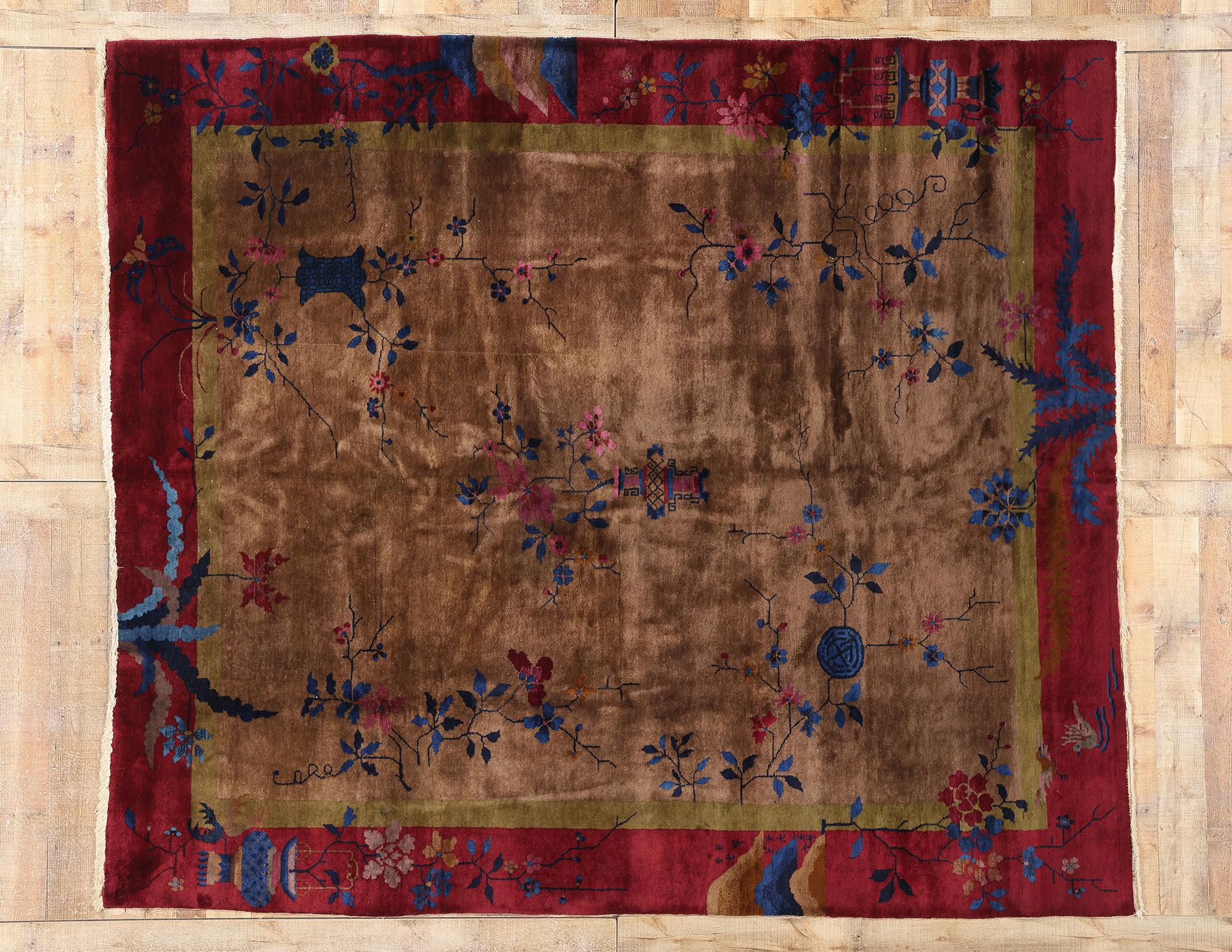 1920's Antique Earth-Tone Chinese Art Deco Rug, 08'02 x 09'05 For Sale 9