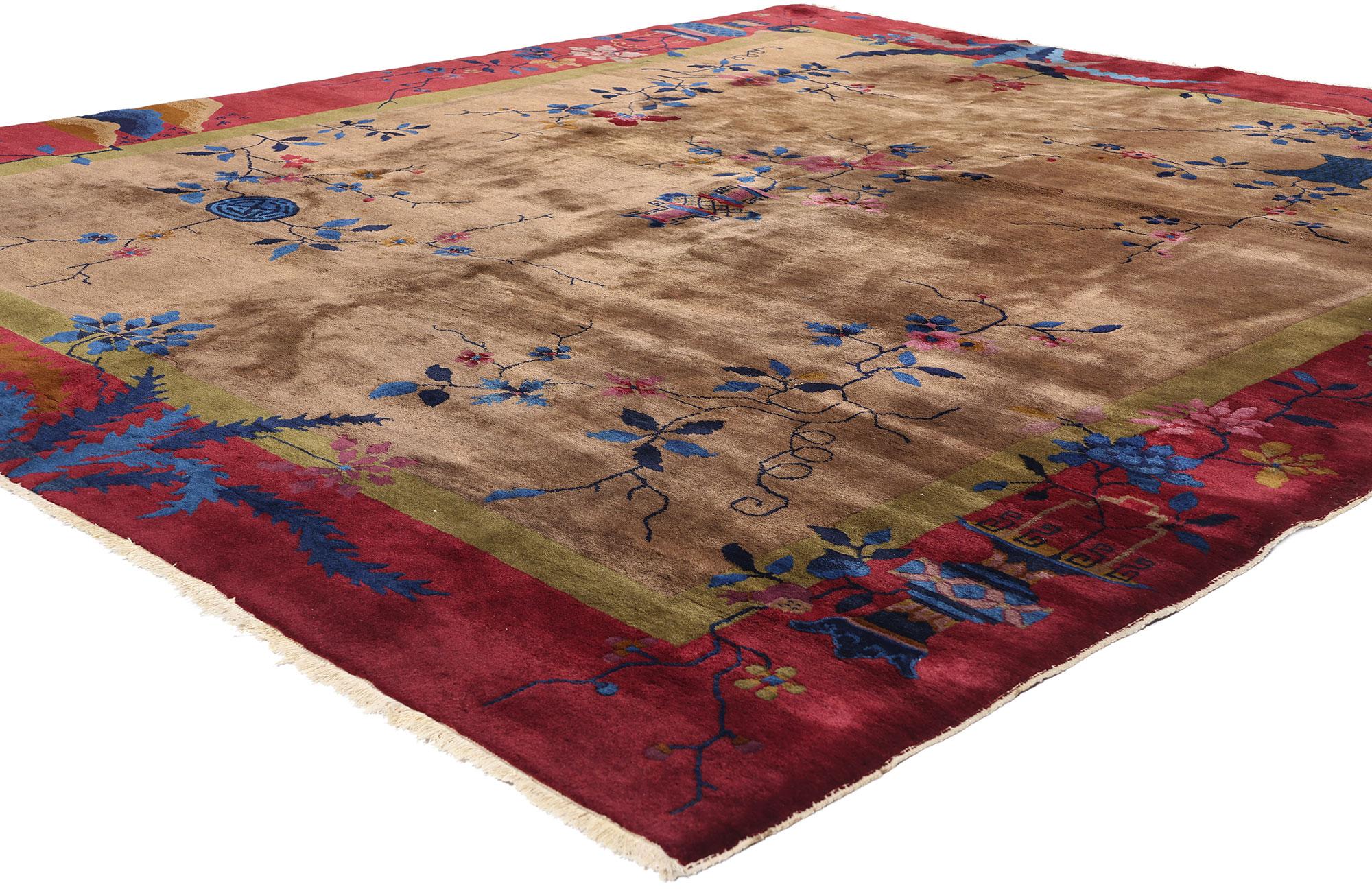 78303 Antique Chinese Art Deco Rug, 08'02 x 09'05. This magnificent hand-knotted wool antique Chinese Art Deco rug transports viewers to a bygone era of exquisite artistry and vibrant symbolism. The Chinese Art Deco rug features a striking