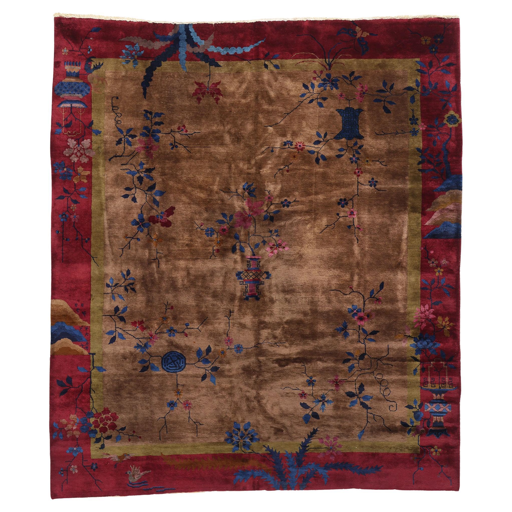 1920's Antique Earth-Tone Chinese Art Deco Rug, 08'02 x 09'05