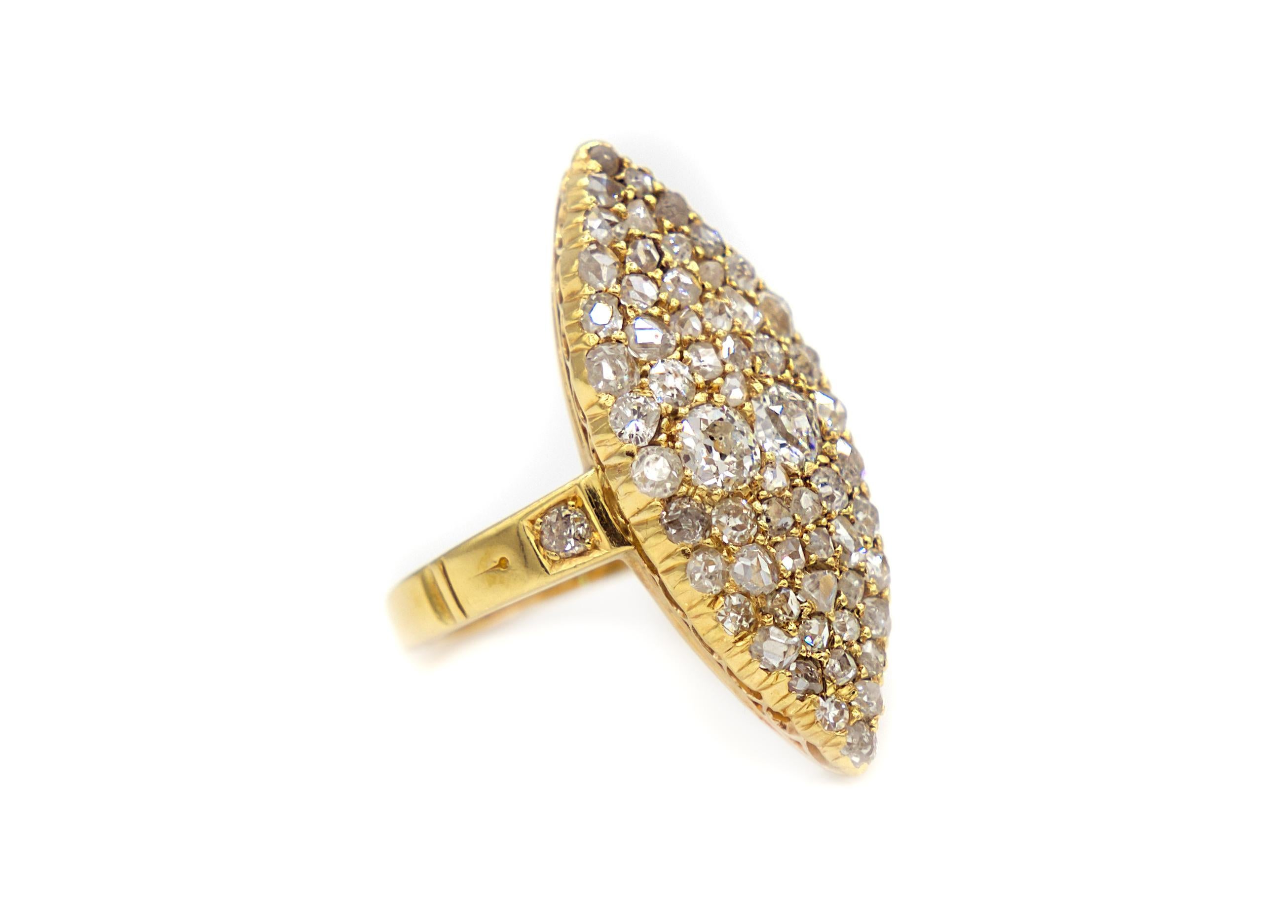 Rose Cut 1920s, Antique Elongated Marquis Shaped Diamond Encrusted Ring For Sale