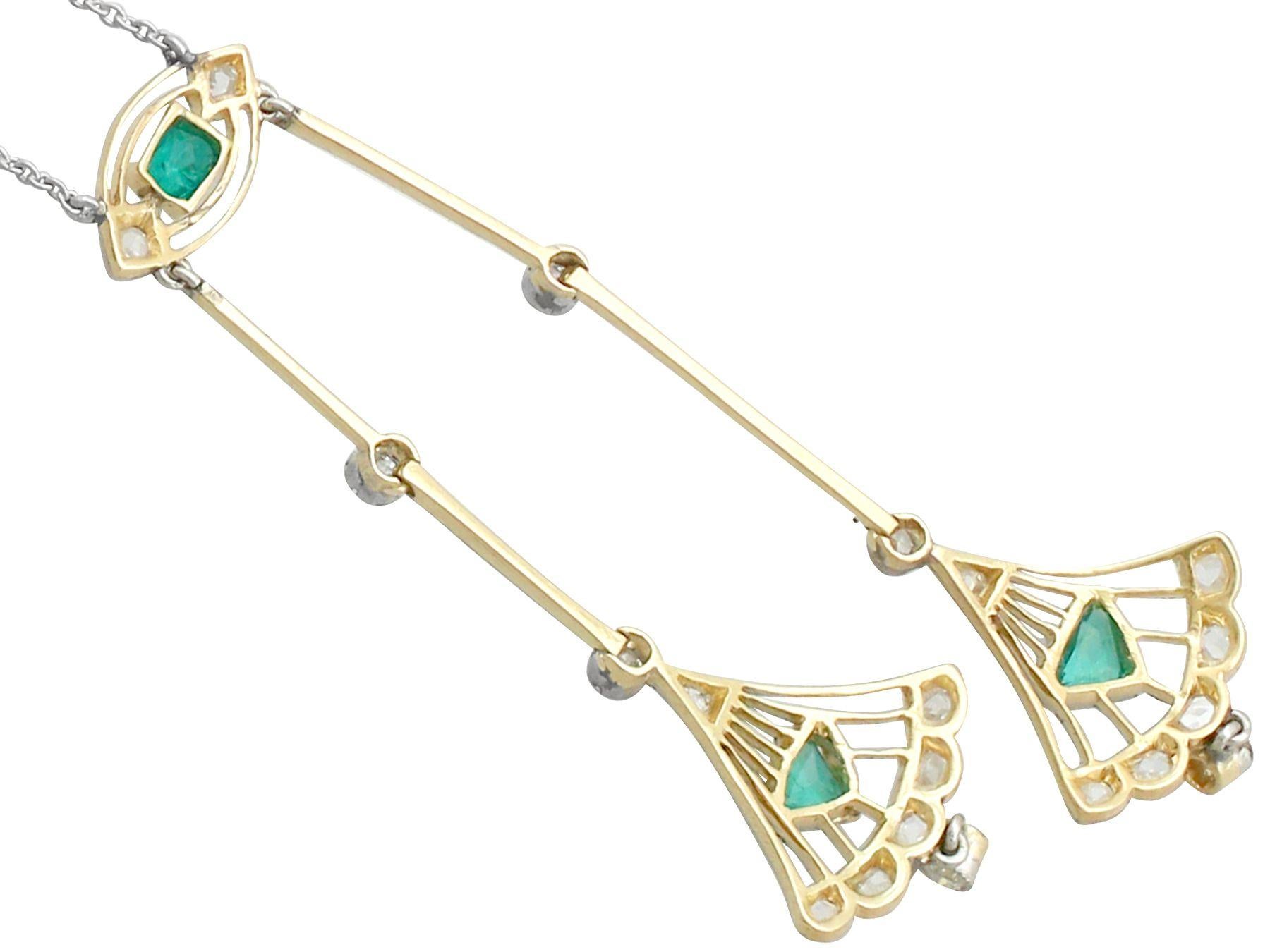 Old European Cut 1920s Art Deco Emerald and Diamond Yellow Gold Necklace For Sale