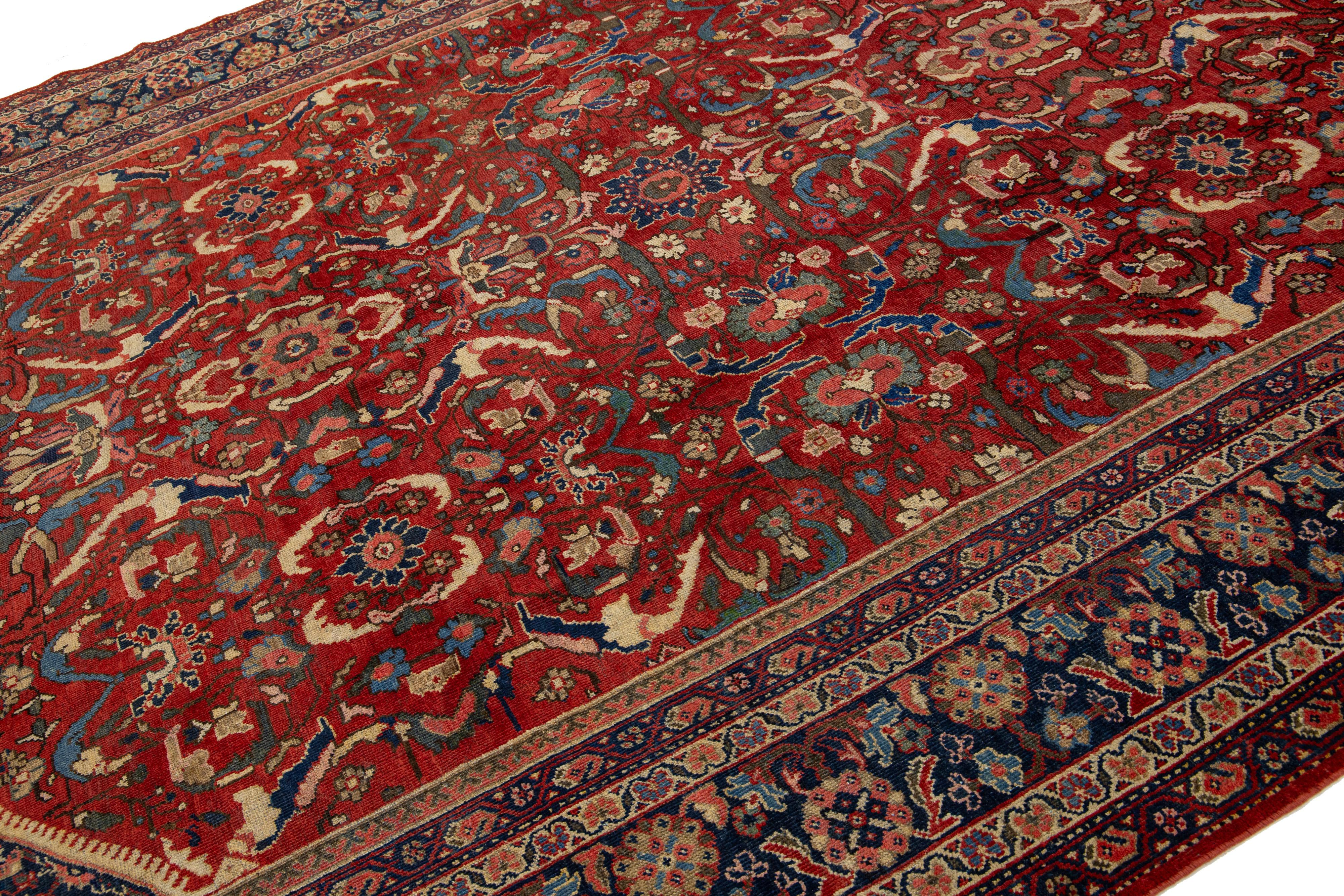 Islamic 1920's  Antique Floral Mahal Wool Rug Handmade in Red For Sale