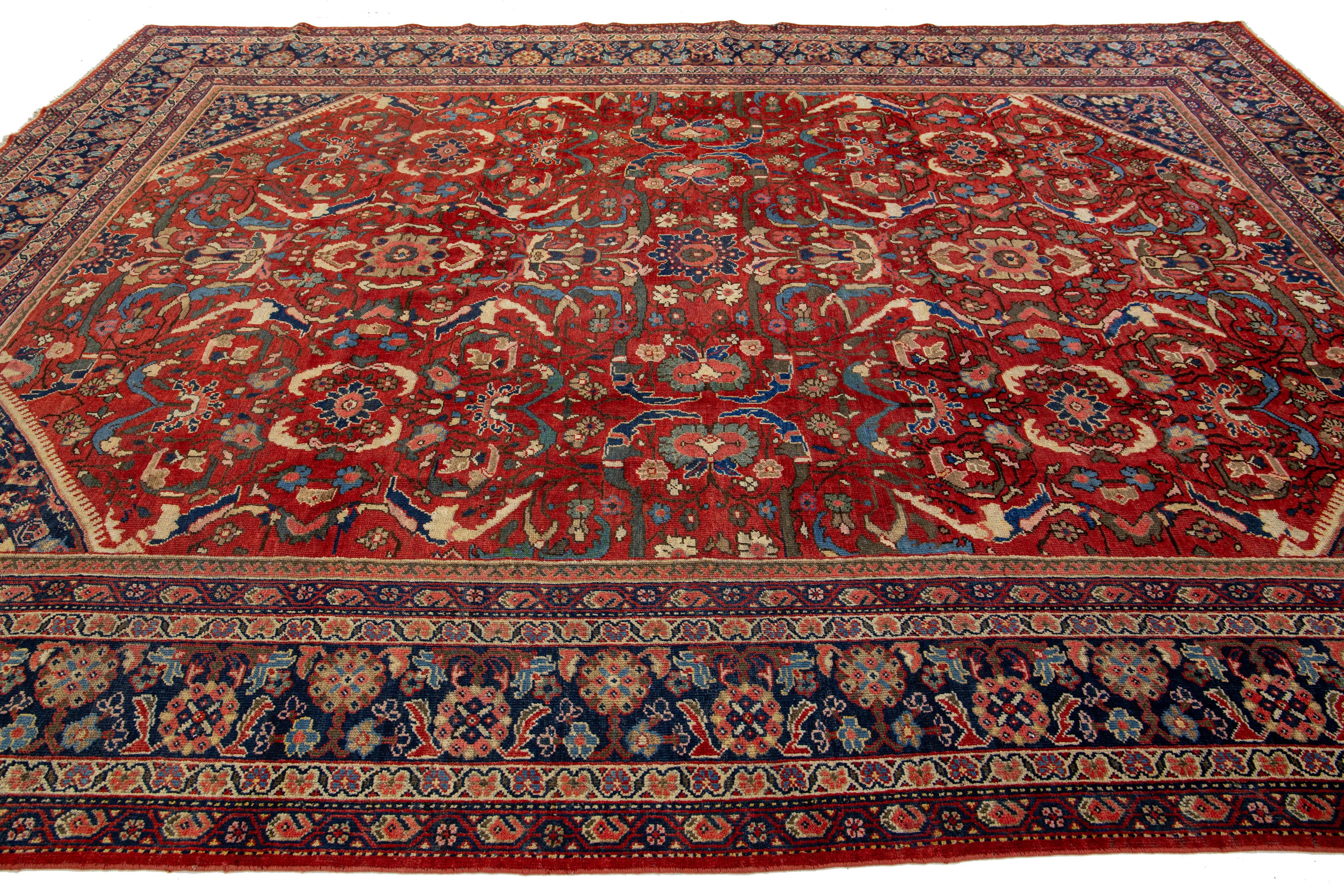 Indian 1920's  Antique Floral Mahal Wool Rug Handmade in Red For Sale
