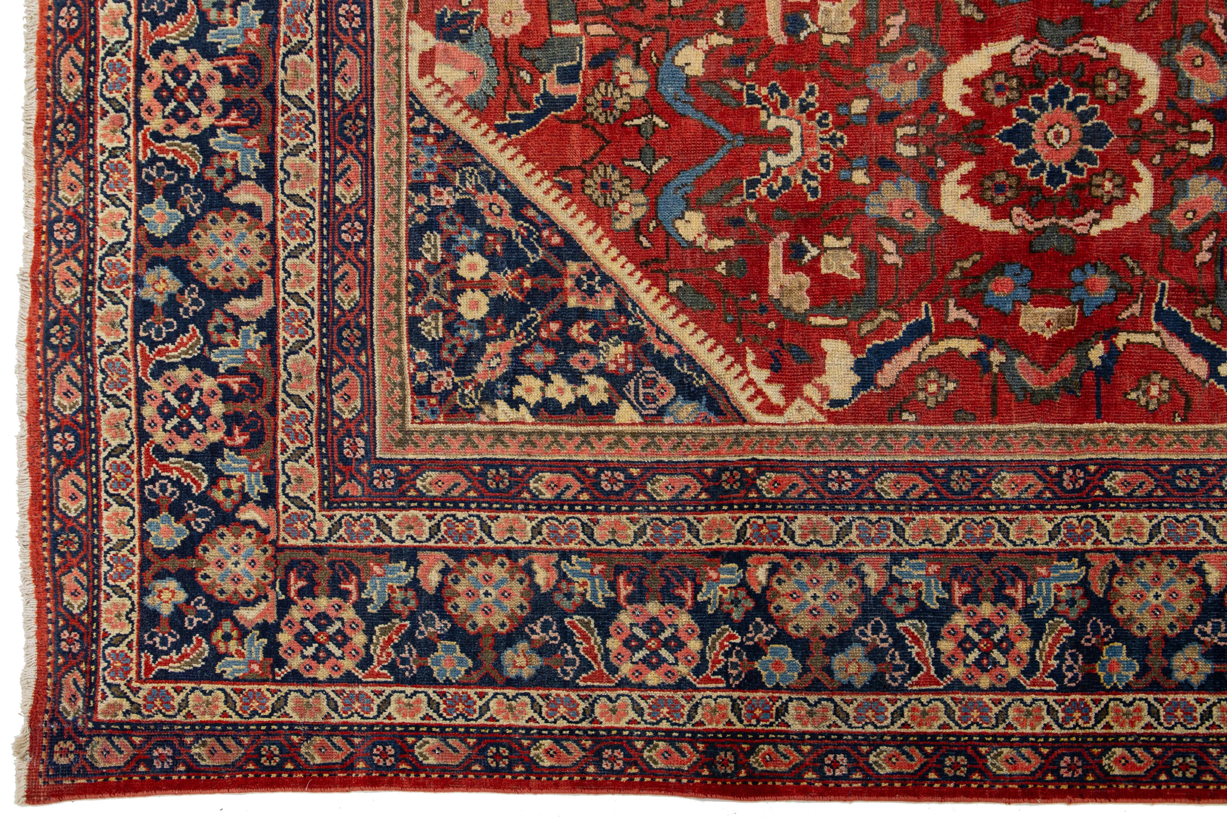 Hand-Knotted 1920's  Antique Floral Mahal Wool Rug Handmade in Red For Sale