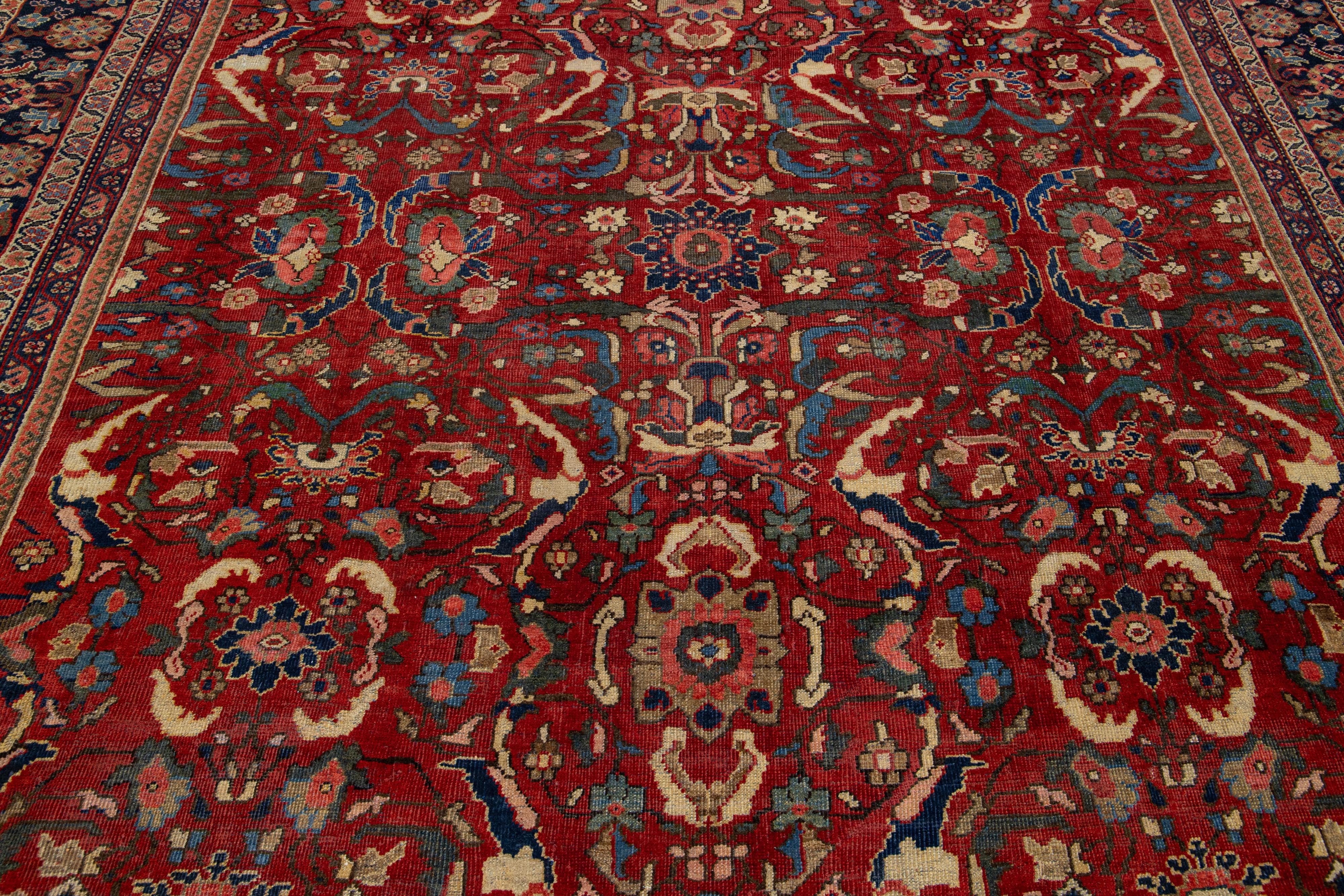 1920's  Antique Floral Mahal Wool Rug Handmade in Red In Good Condition For Sale In Norwalk, CT