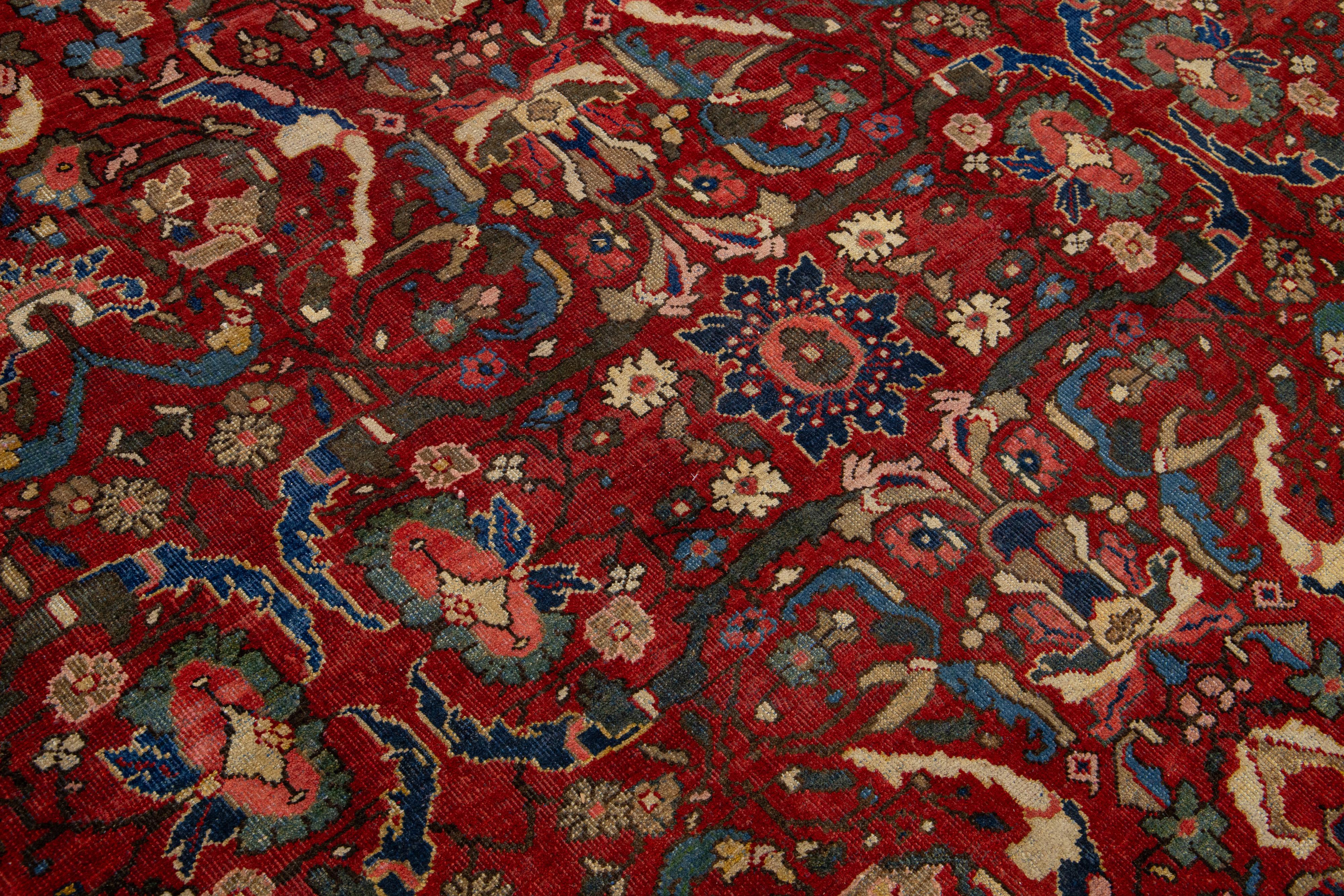 Early 20th Century 1920's  Antique Floral Mahal Wool Rug Handmade in Red For Sale