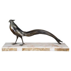 1920s Used French Art Deco Bronze Pheasant Sculpture Marble Plinth Statue 28"