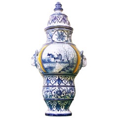 1920s Antique French Malicorne Faience blue white yellow centerpiece with cover