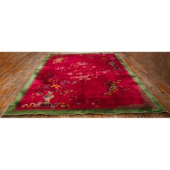 1920s Antique Fuschia Asymmetrical Floral Handknotted Wool Chinese Art Deco Rug
