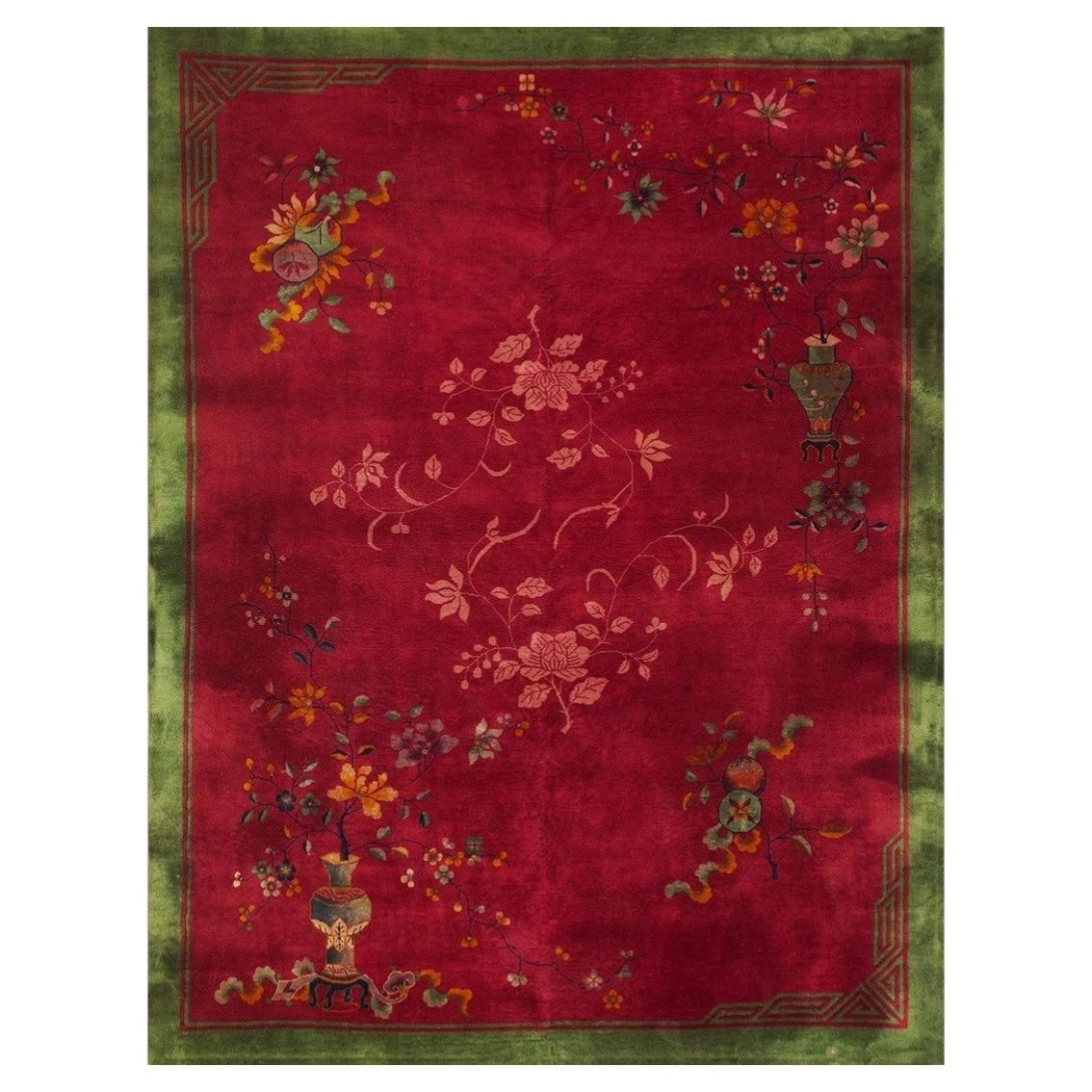 1920er Jahre Antike Fuschia Asymmetrische Floral Handgeknüpfte Wolle Chinesisch Art Deco Teppich im Angebot