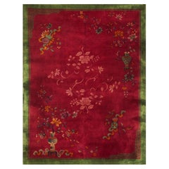 1920s Antique Fuschia Asymmetrical Floral Handknotted Wool Chinese Art Deco Rug