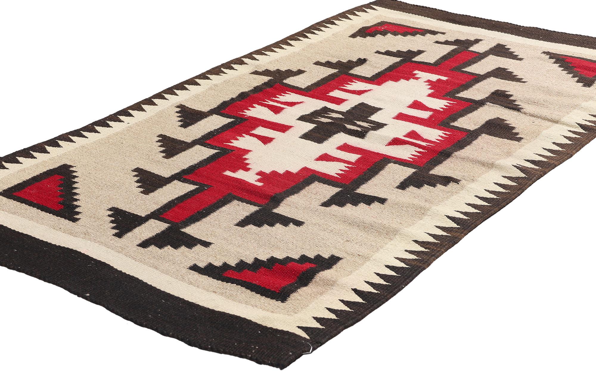79136 Antique Ganado Navajo-Style Kilim Rug, 02'07 x 04'10. This exquisite handwoven wool antique Ganado Navajo-style kilim exemplifies the renowned artistry of Native American-inspired weaving, showcasing a striking blend of bold geometric patterns