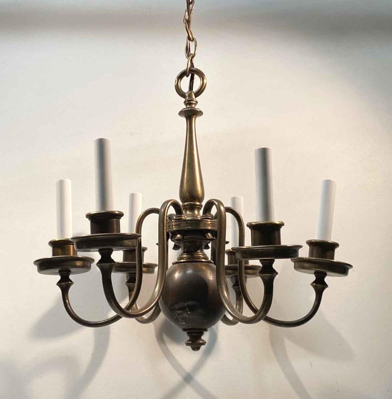 1920s Antique Brass Chandelier, Six Arms and a Dark Patina For