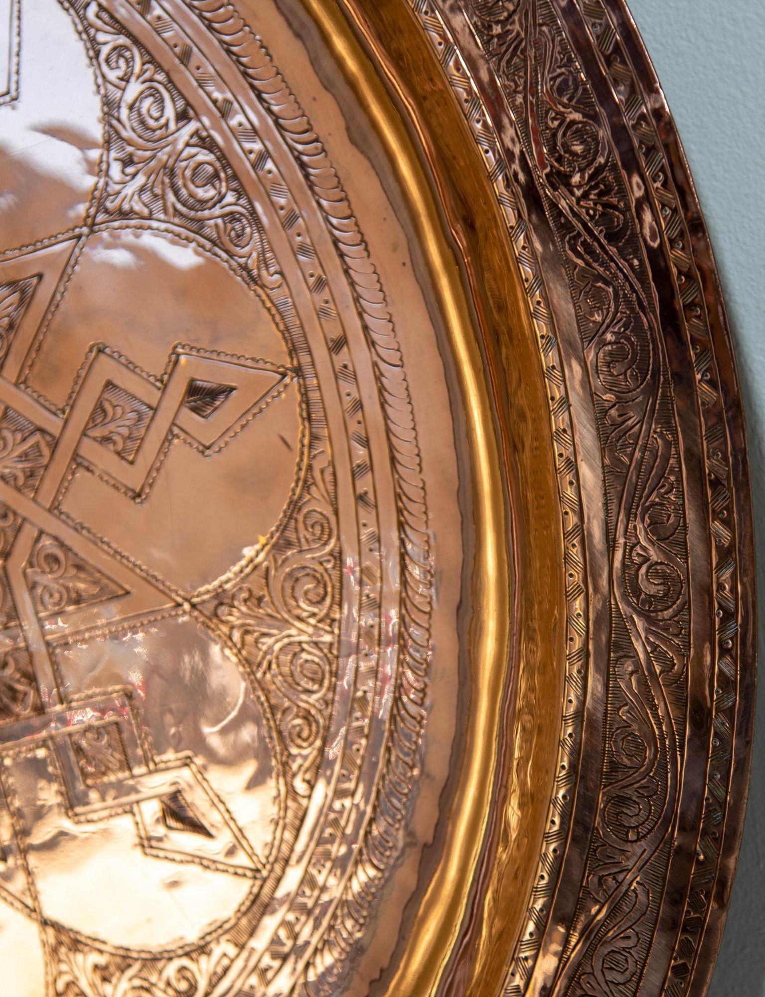 1920s Antique Hand Tooled Oversized Moroccan Metal Copper Tray 31 in. D. For Sale 14
