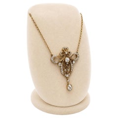 1920s Antique Indian 14K Gold Rose Cut Diamond Bow Pendant Necklace, 46cm