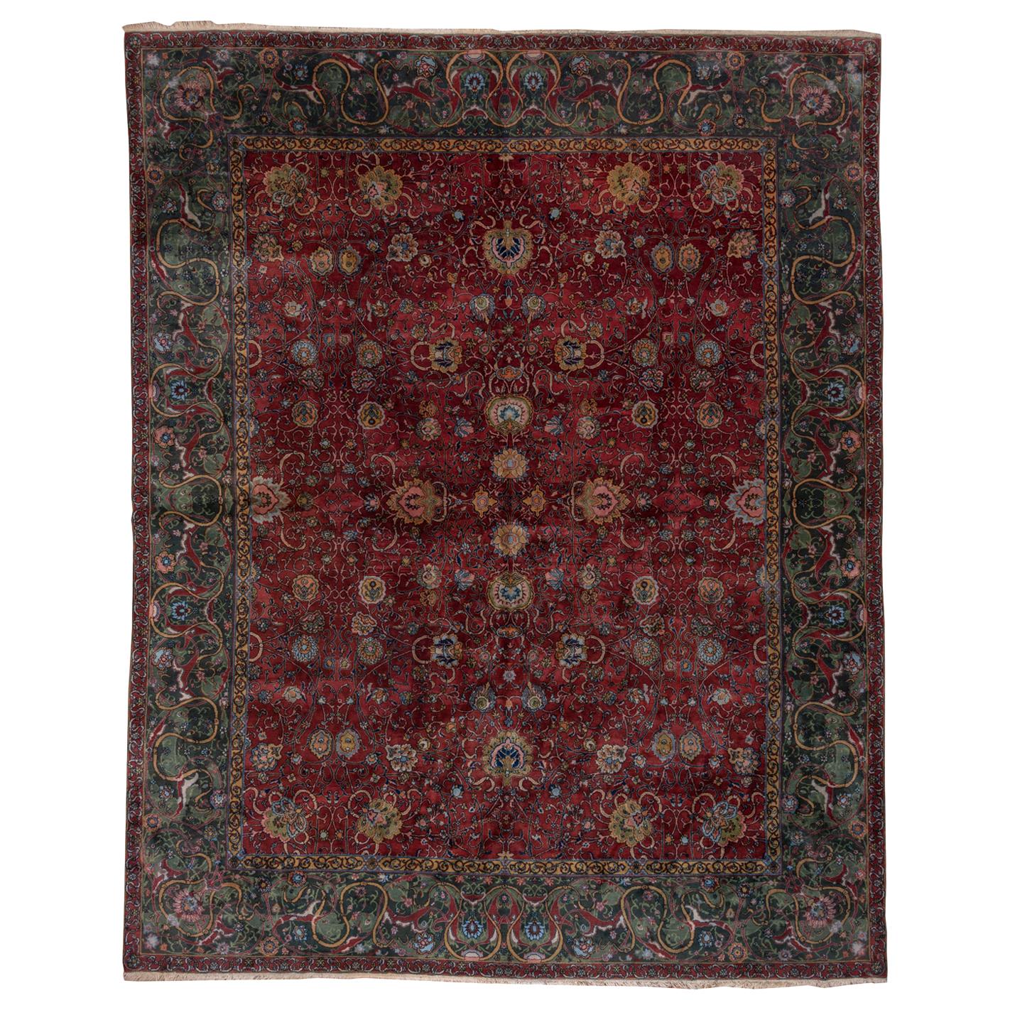 1920s Antique Indian Lahore Rug, Burgundy All-Over Field, Dark Green Borders For Sale