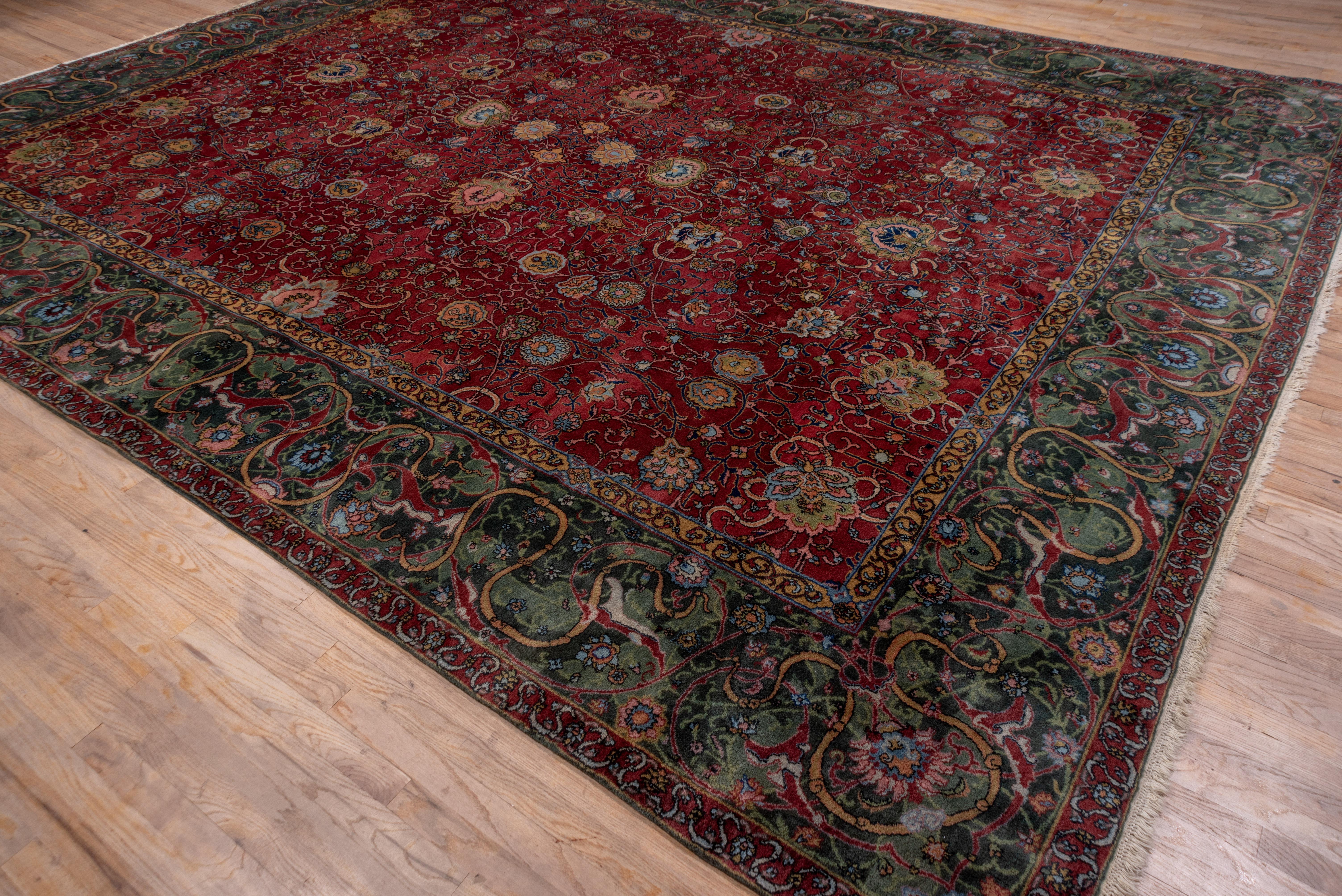 1920s Antique Indian Lahore Rug, Burgundy All-Over Field, Dark Green Borders For Sale 3