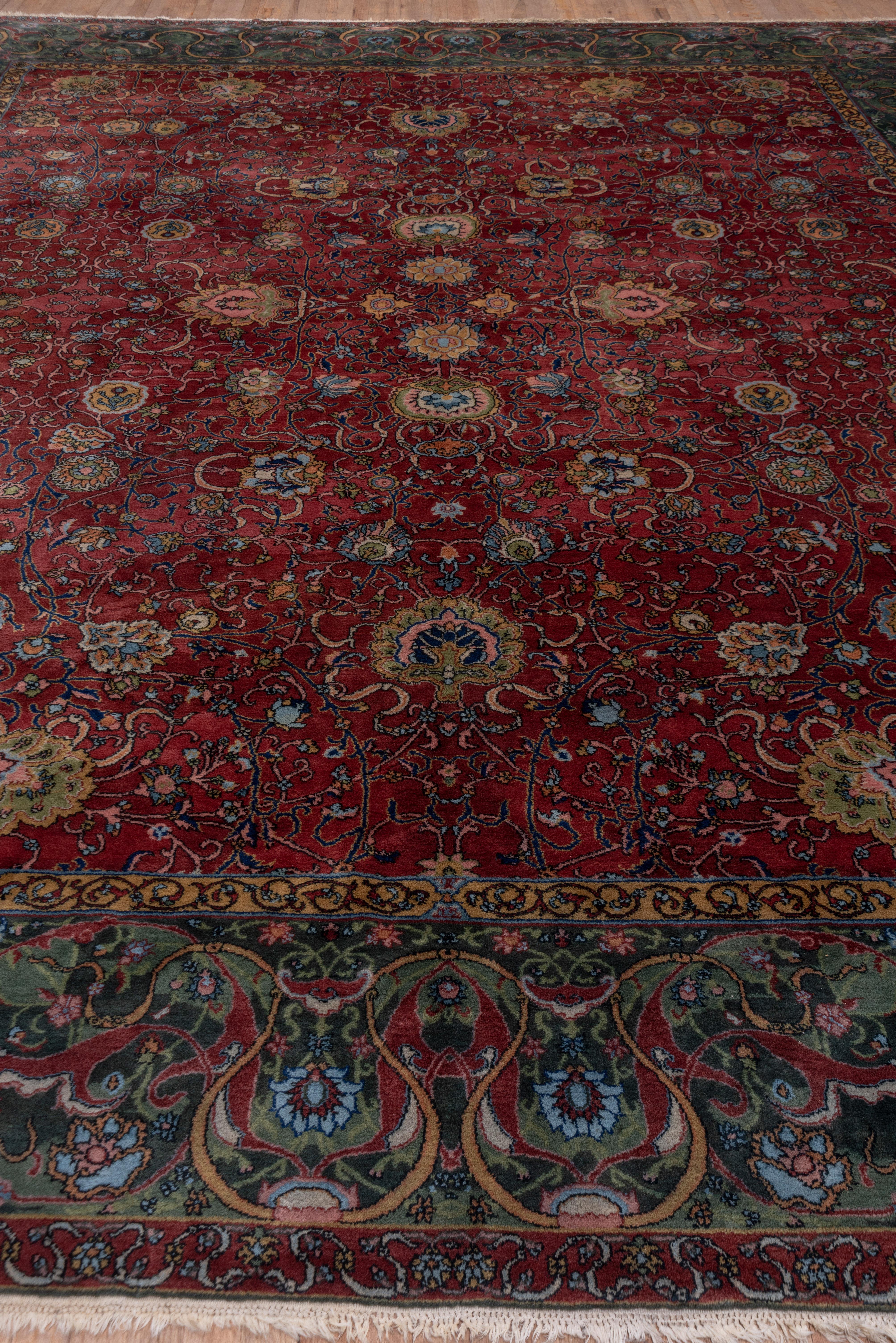 Hand-Knotted 1920s Antique Indian Lahore Rug, Burgundy All-Over Field, Dark Green Borders For Sale
