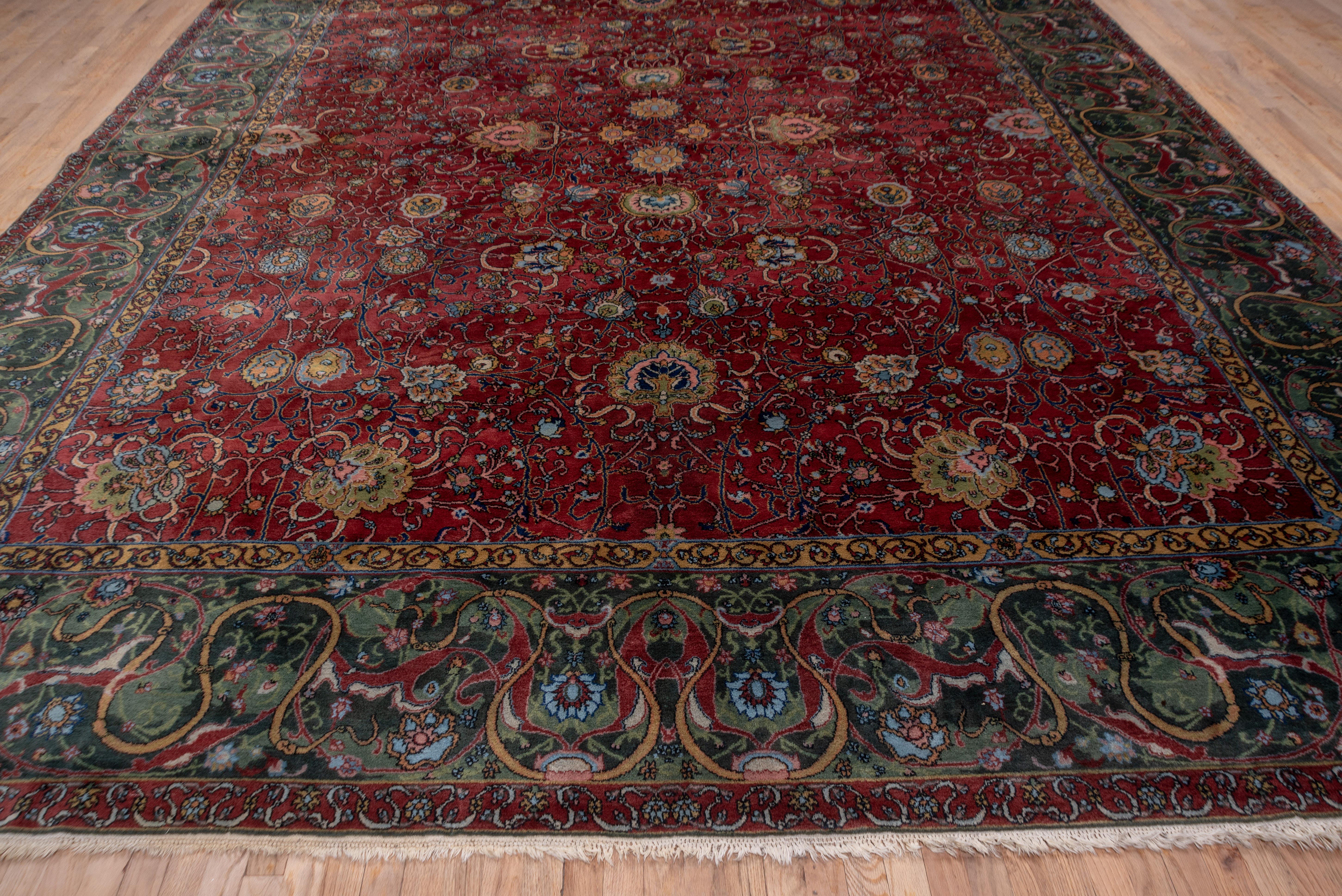 1920s Antique Indian Lahore Rug, Burgundy All-Over Field, Dark Green Borders In Good Condition For Sale In New York, NY