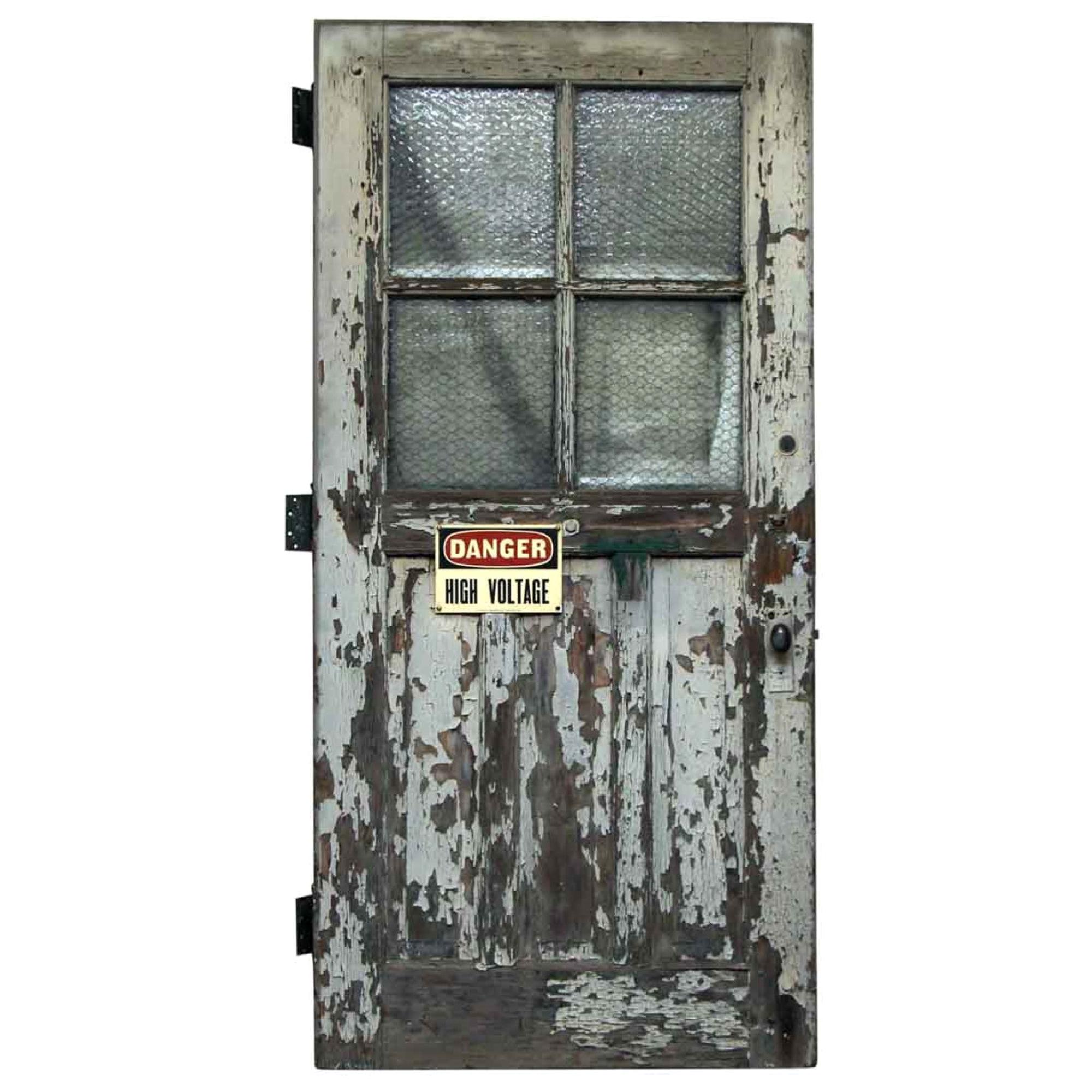 1920s Antique Industrial Wood Door with Chicken Wire Glass Panels