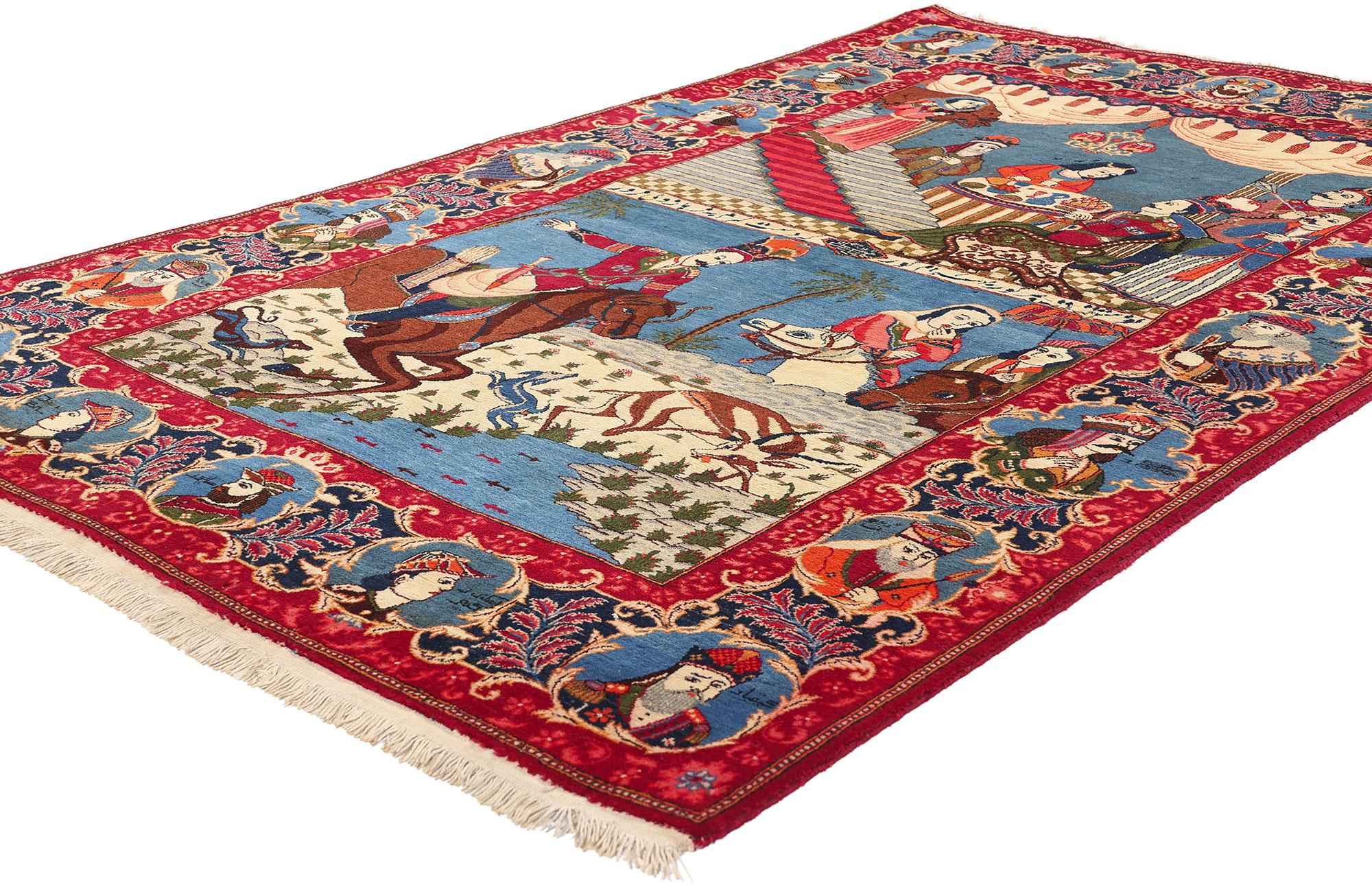 79131 Tappeto antico persiano Kashan Pictorial, 04'05 x 07'02. Questo tappeto pittorico antico persiano Kashan, annodato a mano, è un'avvincente narrazione intessuta nell'arte, che raffigura il leggendario re Bahram Gur, una figura celebre