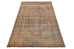 1920s Antique Kerman Handmade Wool Rug With Floral Medallion In Red